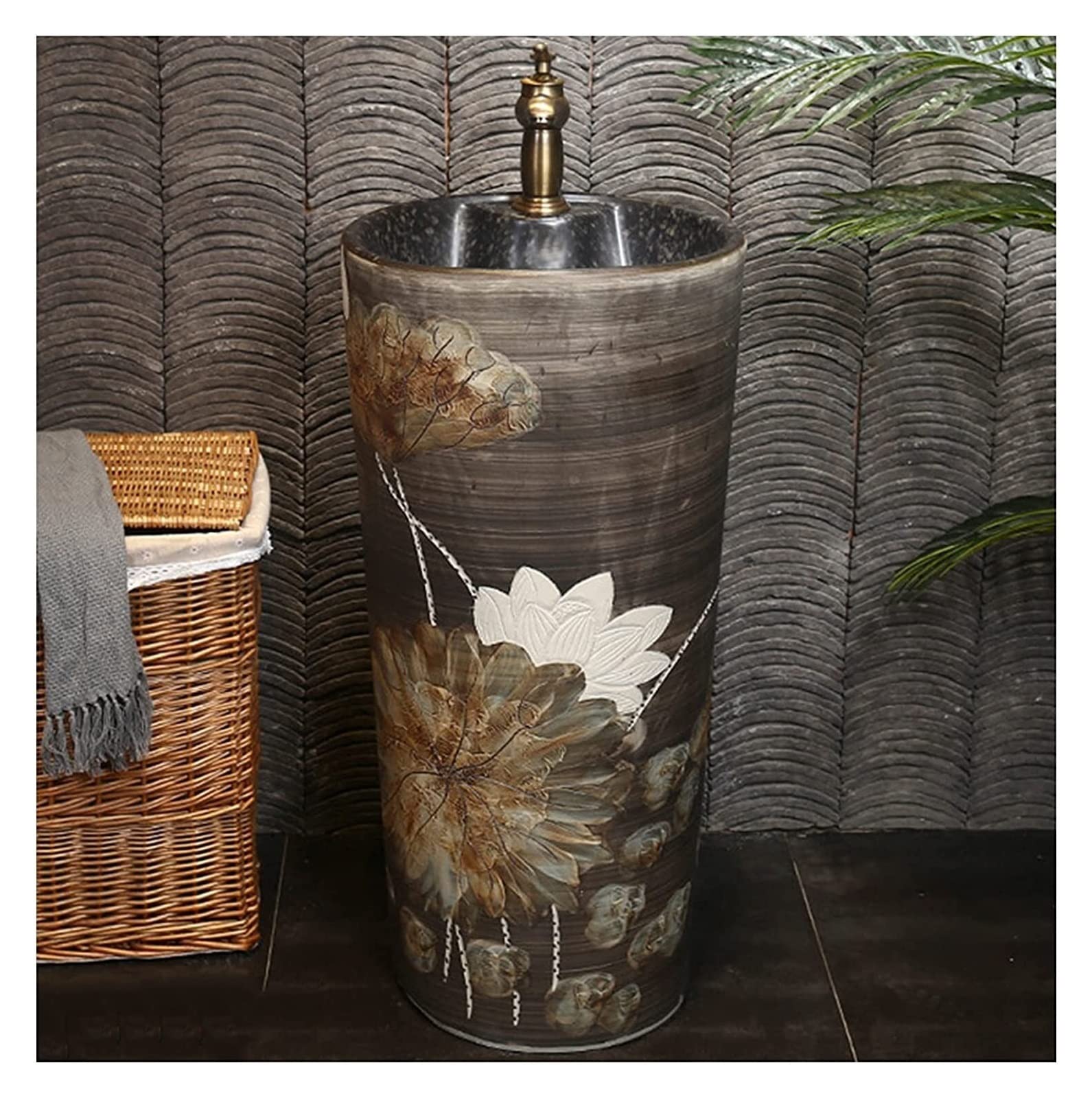 WDSOPK Freestanding Pedestal Sink Hotel Art Basin, Oval Bathroom Basin Sink, Ceramic and Lavatory for Indoor Outdoor (Y)
