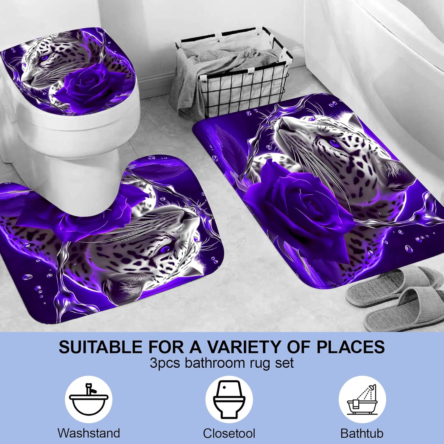 beifivcl 4PCS Purple Rose and Leopard Shower Curtain Bathroom Set with Non-Slip Rugs, Toilet Lid Cover and Bath Mat, Purple Bathroom Decor Set Accessories Shower Curtains with 12 Hooks, 72 x 72 Inch