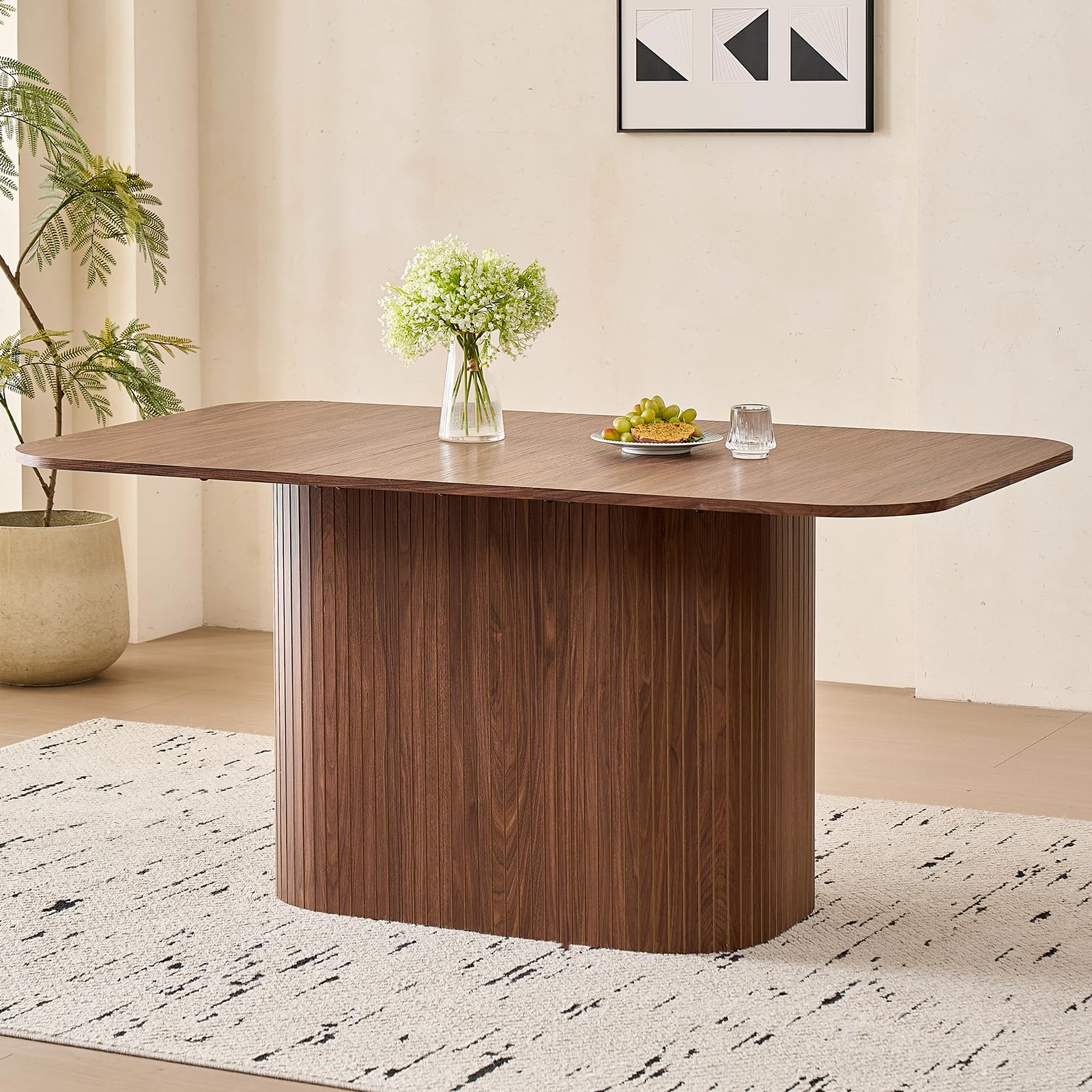 Rechteckiger Esstisch, Moderne MDF-Tischplatte, Nordischer Küchentisch, Lattenrost-Design, Passend für Wohn- und Esszimmer, Dunkle Holzmaserung
