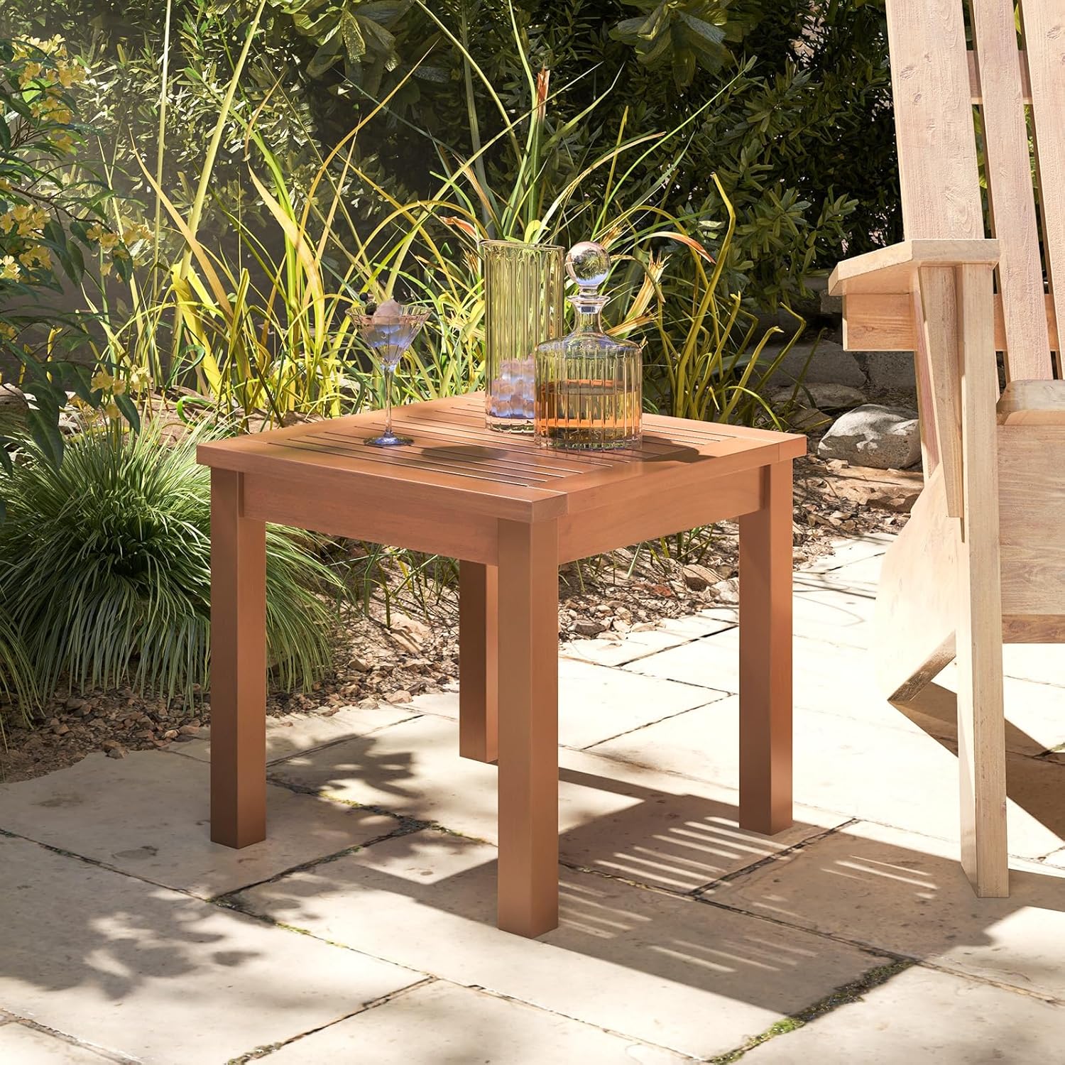 RELAX4LIFE Adirondack Outdoor Side Table - 18’’ Square Eucalyptus Wood Indoor Outdoor End Table with Slatted Tabletop for Balcony Backyard Garden Porch Deck, Small Pool Side Patio Table (1)