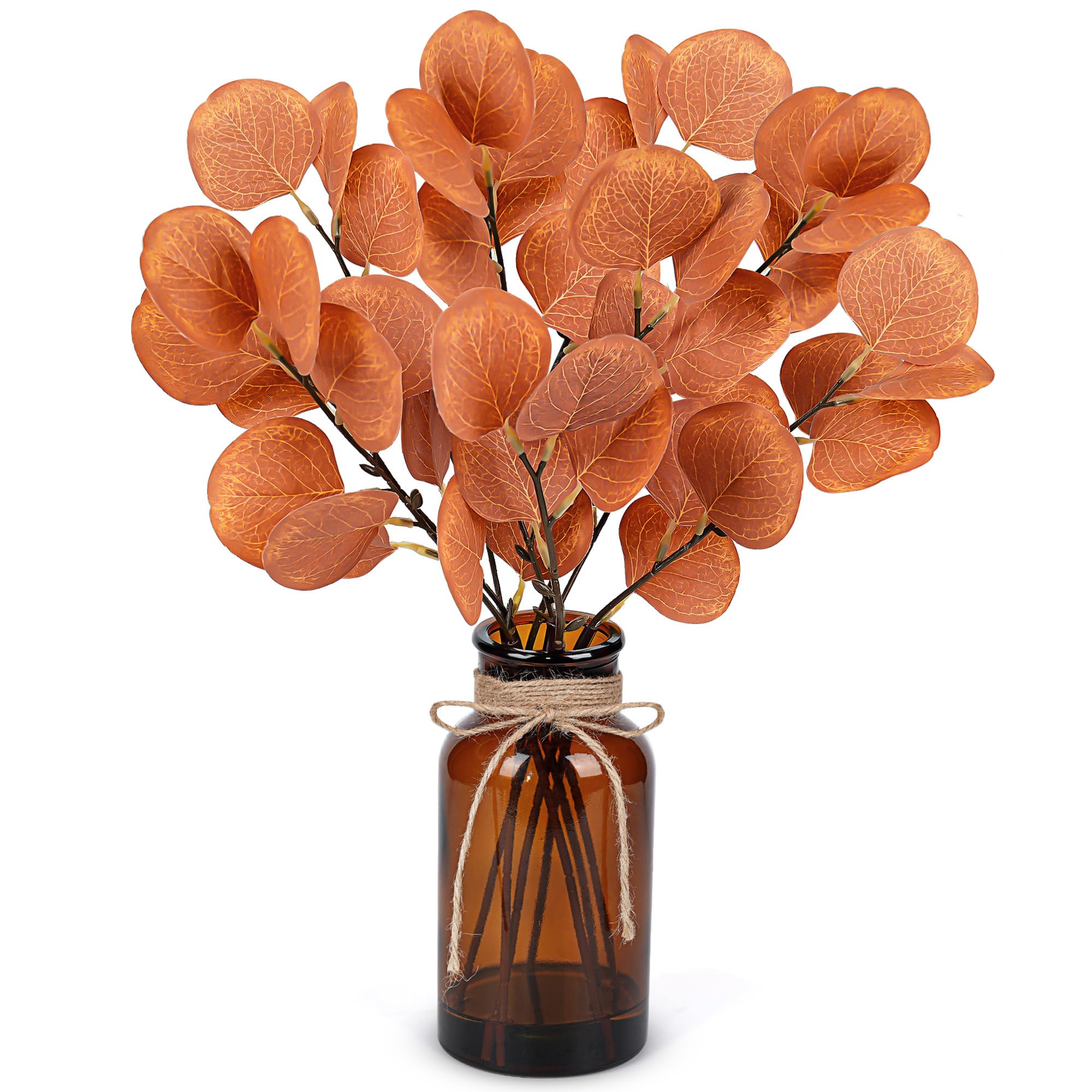 Der Rose 13.5" Fake Plants Artificial Eucalyptus Stems in Amber Glass Vase with Faux Water for Bathroom Autumn Decor Office Desk Home Table Centrepiece Orange