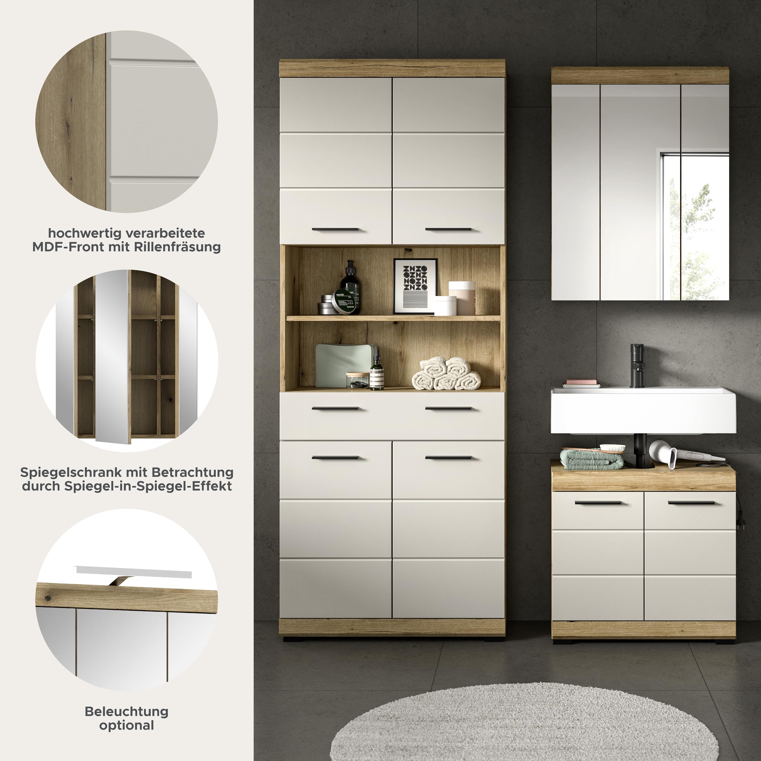 xonox.home – Badkombination Scout 149x191x34 cm in Evoak Oak und Kaschmir Nachbildung matt – Elegantes Set mit natürlichem Holz-Look – geradlinig – Bild 8