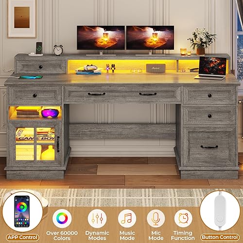 Miniatura 5 de BTHFST Escritorio ejecutivo estilo granja con cajón para archivos, escritorio para computadora con estación de carga y luces LED, escritorio de