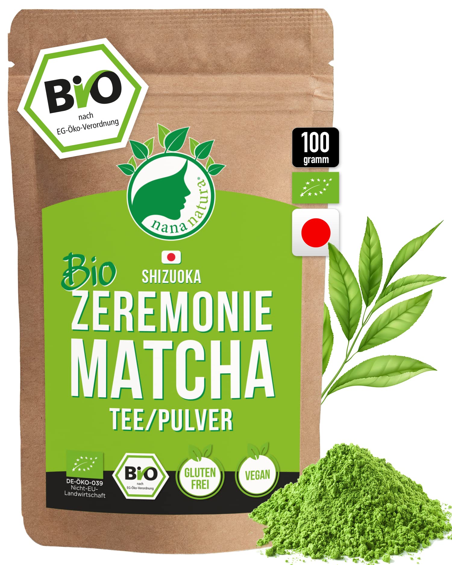 Bio Zeremonie Matcha Tee Pulver aus SHIZUOKA Japan 100g | Ceremonial Grade 1. Ernte | handgepflückt & per Granitsteinmühle zu Grüntee-Pulver vermahlen | für die Teezeremonie