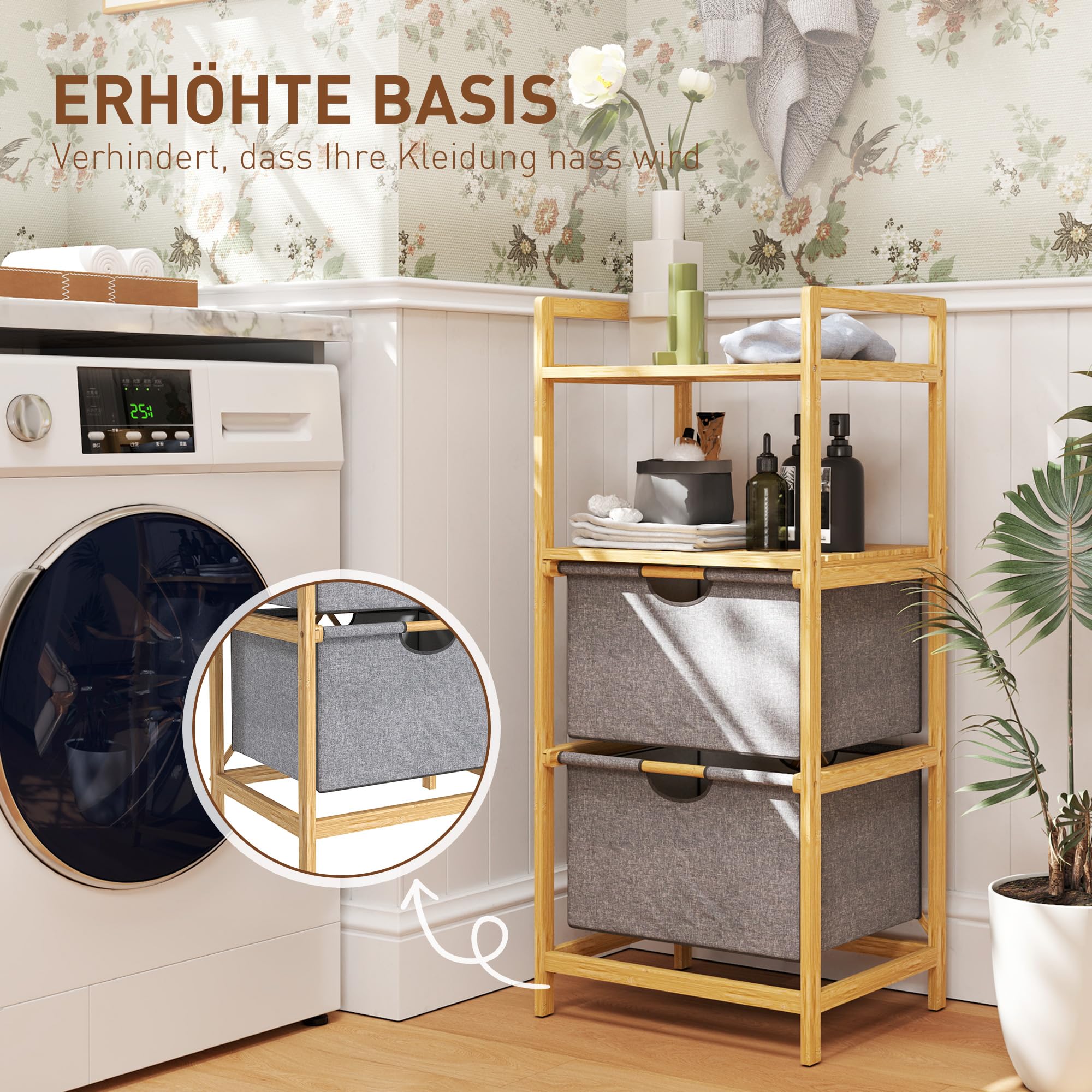 HOMCOM Wäschekorb 35,4 L mit 2 Wäschekörben aus Stoff, mit Griff, Natur | Wäschesammler, Offene Ablagen, Wäschebox, für Badezimmer, Bambus