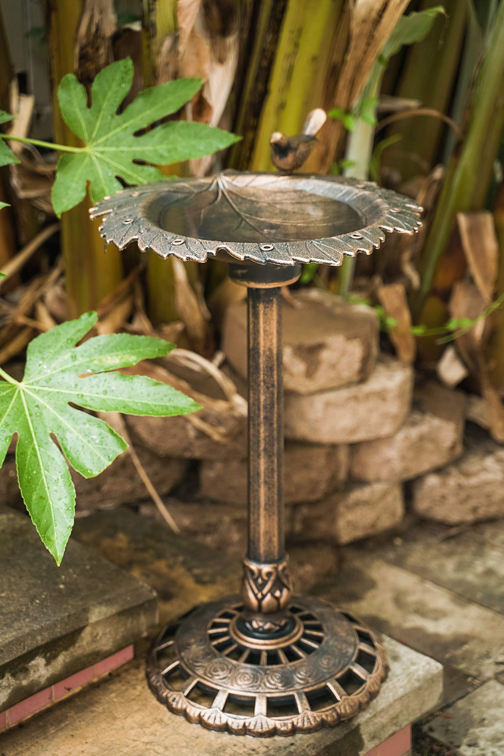 XBrand BB3349BNE Lightweight Plastic Leaf Design Birdbath and Birdfeeder w/Bird Outdoor Garden, Yard, Lawn, Porch Decor, 35 Inch Tall, Bronze