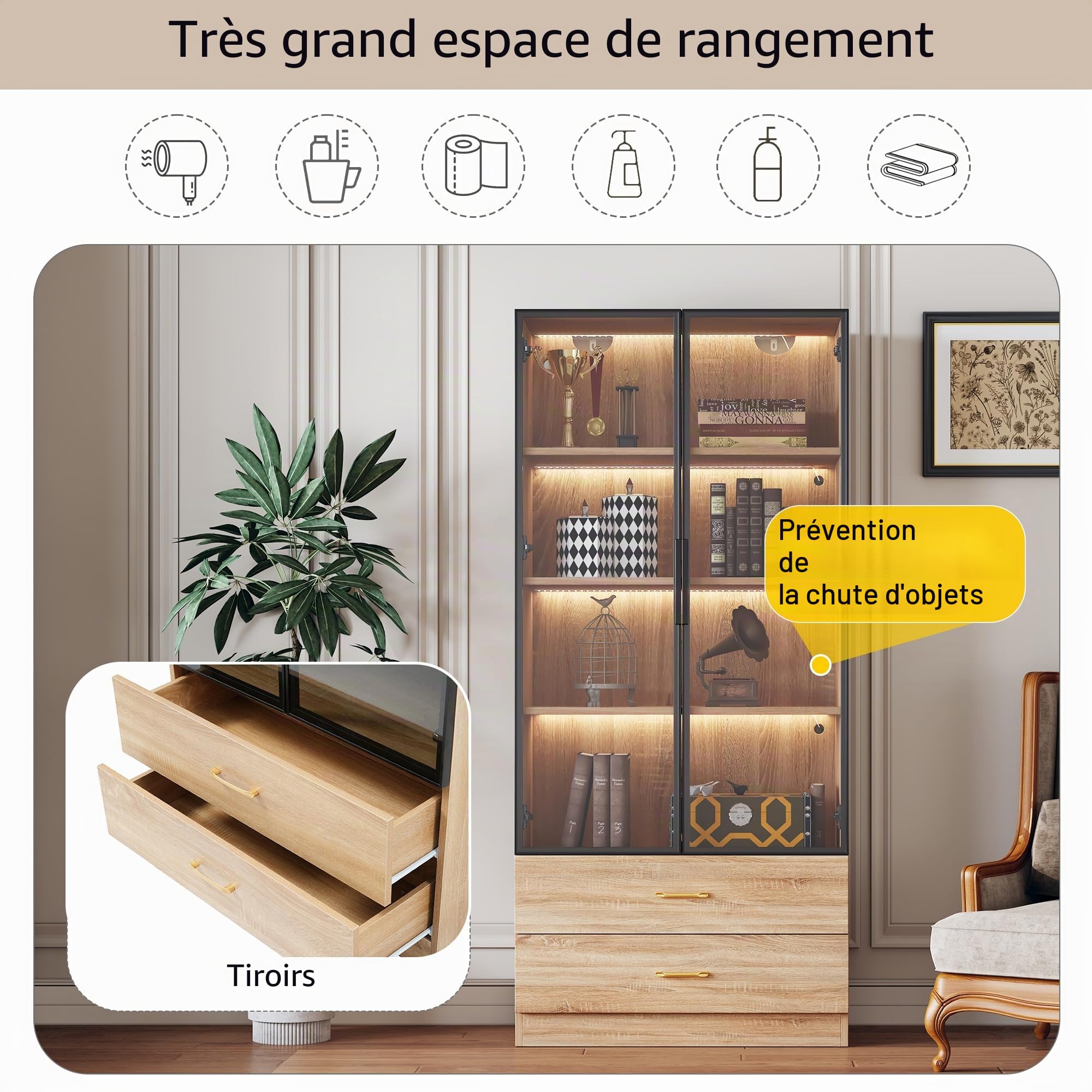 Merax Vitrine de rangement pour salon, salle de bain avec LED, 75 cm de large, 2 tiroirs, 2 portes, porte en verre, design moderne pour salle de bain, bureau, couloir - Couleur bois