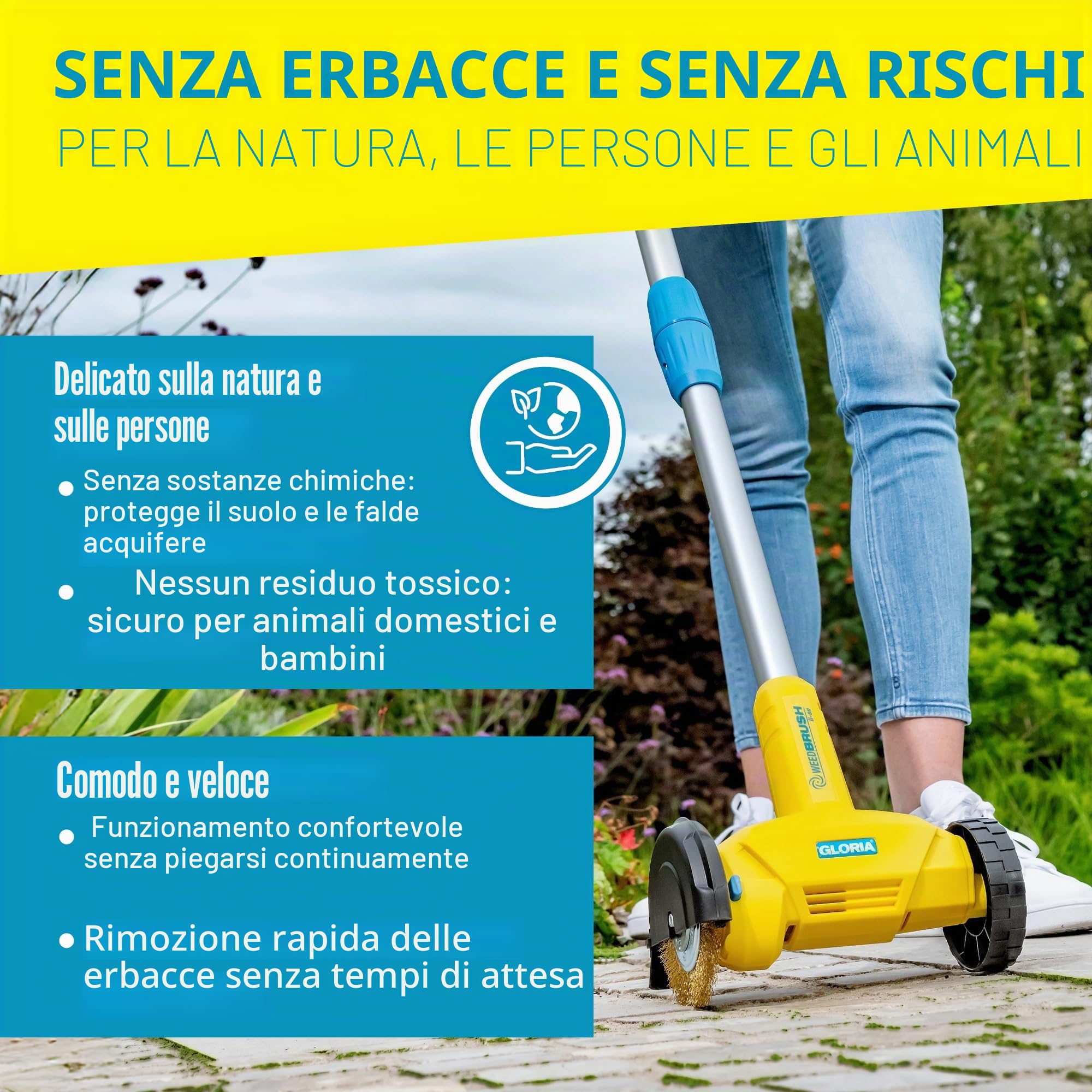 GLORIA Spazzola Elettrica per Fughe WeedBrush a cavo | Estirpatore Erbacce e Pulisci Fughe per Pavimenti Esterni, Terrazzi e Vialetti | Contro Erba e Muschio | Inclusa Spazzola in Filo d'Acciaio