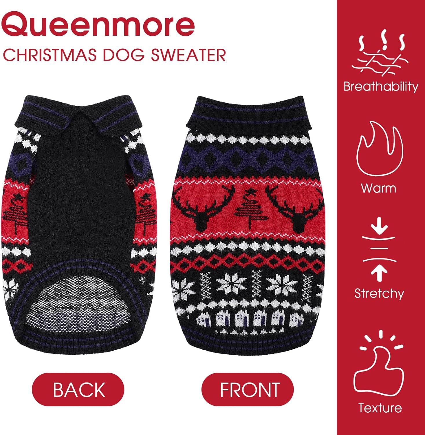 Queenmore Christmas Dog Sweater,Stylish Lapel Design Medium Dog Sweater,Soft Dogs Sweaters for Medium Dogs Male Female,Thick Warm Pet Clothes,Reindeer and Snowflake Pattern Winter Pet Clothing,Black,M