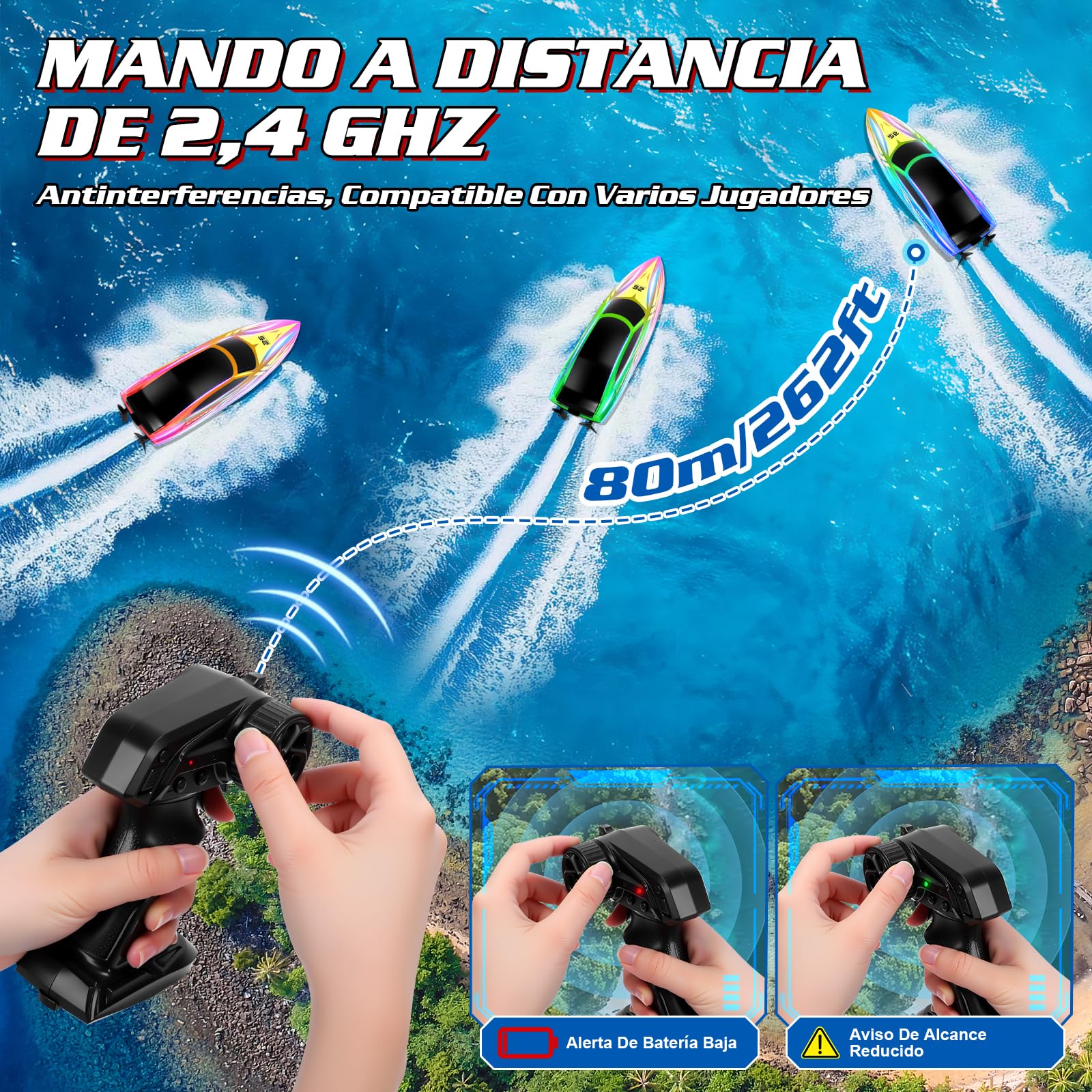 FORMIZON Barco Teledirigido, 2.4GHz Lancha Teledirigida con 7 Modos de Luces LED, 15 km/h Barco RC para Piscinas, más de 120 Minutos, Barcos Teledirigidos Juguetes de Piscina para niños (Azul)