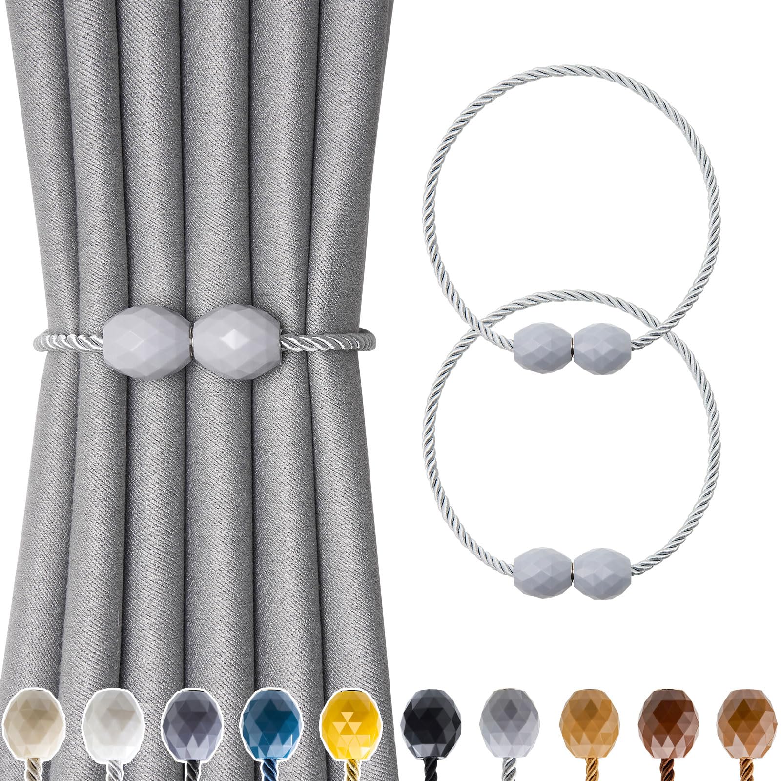 Pretty Jolly 2 Pack Magnetic Curtain Tiebacks Handmade Weave Rope Curtain Holdbacks Elegant Decorative Polyhedra Curtain Drape Tie Backs for Home & Office Thick & Thin Window Drapery (Light Grey)
