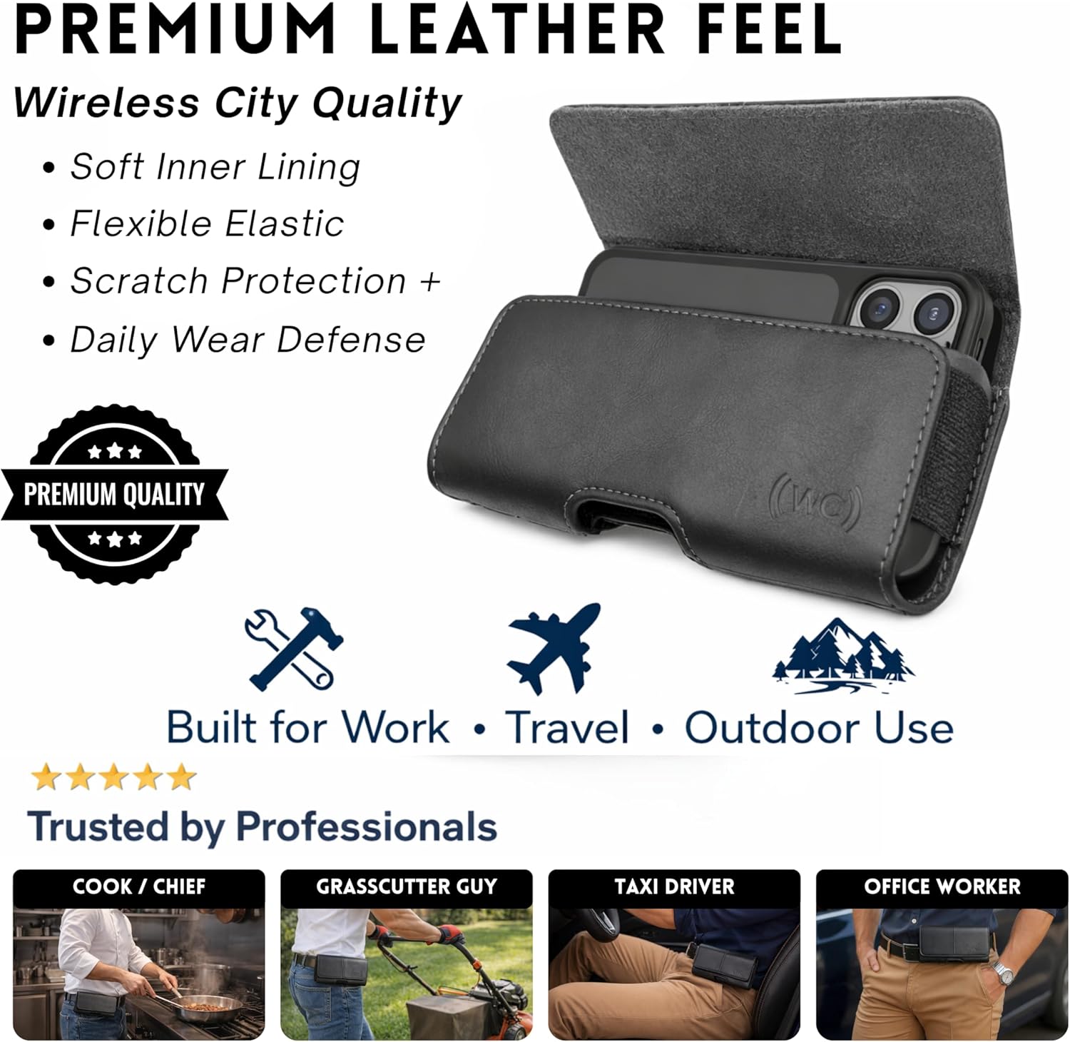 Wireless City Leather Phone Holster for iPhone 17/17 Pro 16/16 Pro/16e 15/15 Pro 14/14 Pro 13/13 Pro 12/12 Pro 11 XR Horizontal Belt Clip & Loop Phone Pouch Magnetic Closure Phone Holder for Men Black - Image 8