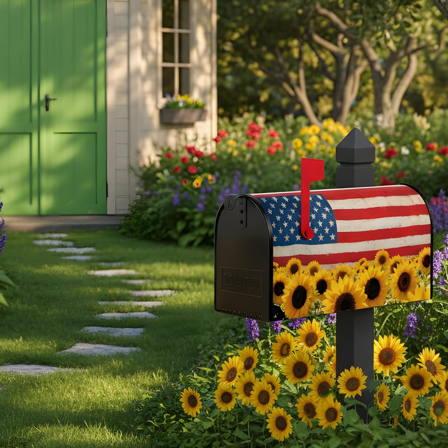 Patriotic Sunflower Magnetic Mailbox Cover, America Flag Magnetic Mailbox Cover Standard Size, USA Floral Patriotic Mail Post Letter Box Covers for Holiday Festival Outdoor Yard Garden Decor 21" X 18"