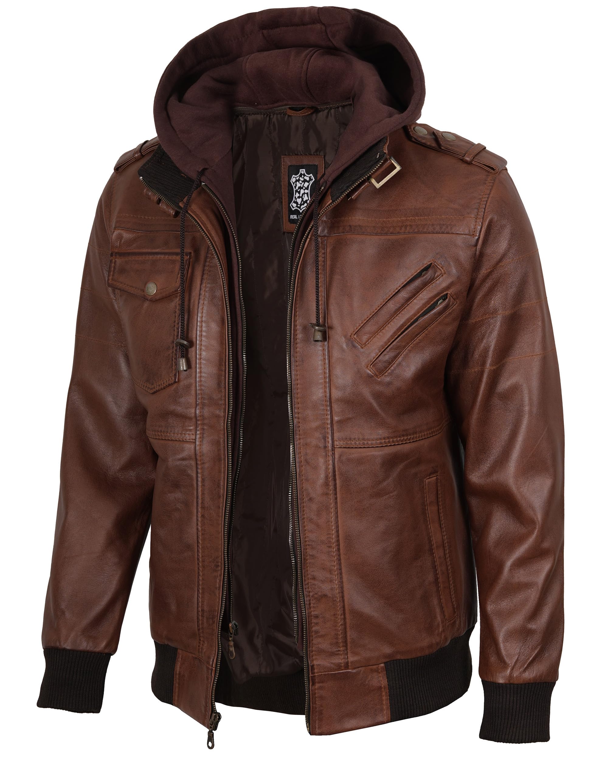 Real Leather Bomber Jacket - Motorcycle Stand Collar Jacket with a Removable Hood | [1100157] Edinburgh Brown, XXXL