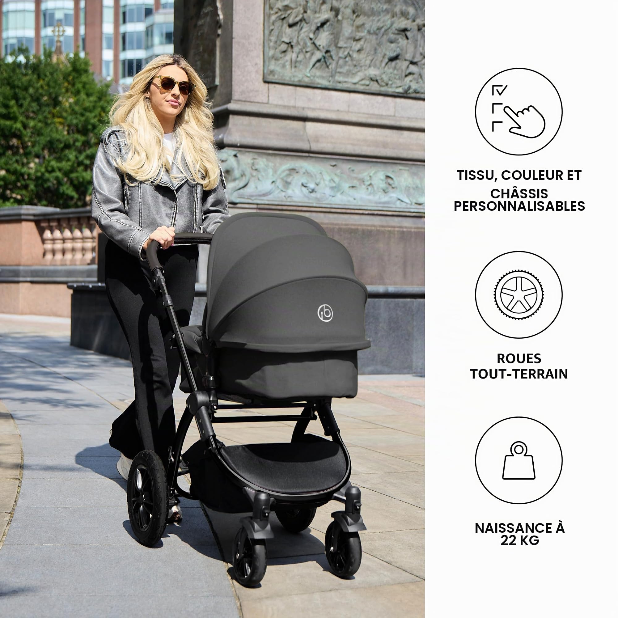 Poussette Tout-Terrain 12pcs Ickle Bubba Stomp Luxe – Système de Voyage 3 en 1 avec Siège Auto i-Size Cirrus + Base ISOFIX – Siège Réversible, Landau & Accessoires (Noir/Gris anthracite/Beige)
