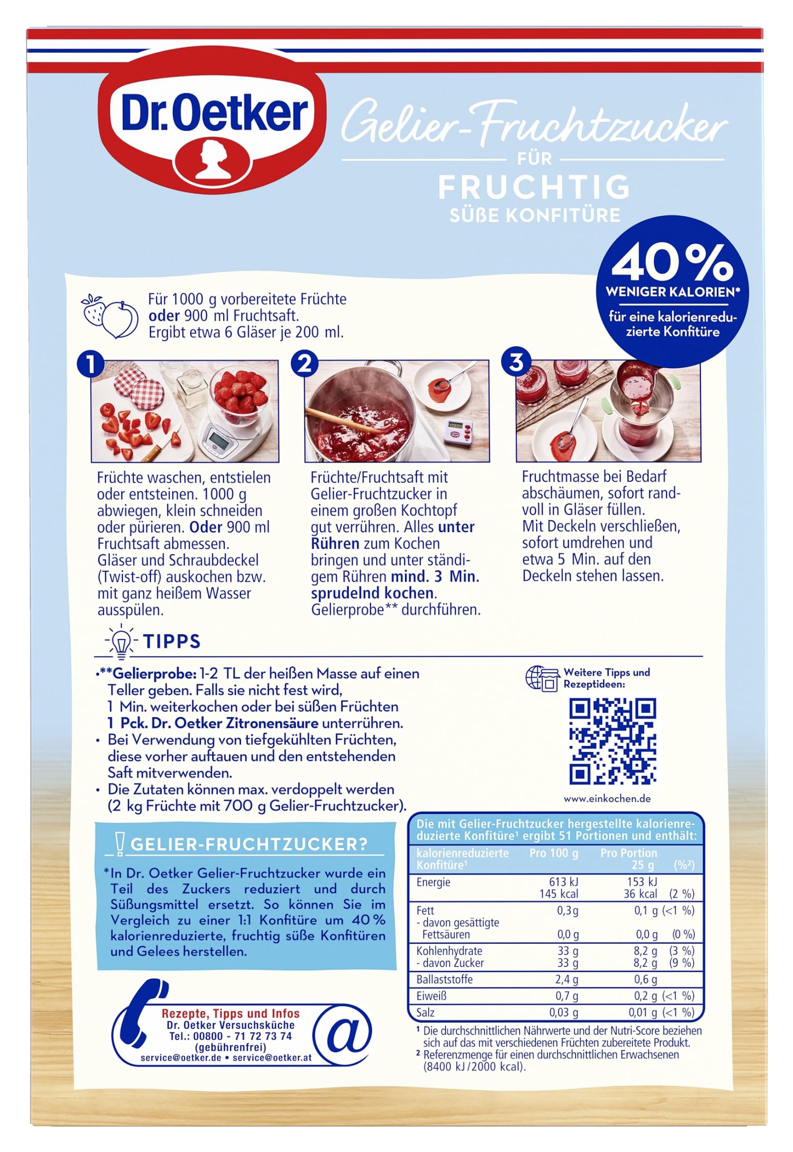 Dr. Oetker Gelier-Fruchtzucker, 6 x 350 g, Gelier-Fruchtzucker mit Zucker und Süßungsmitteln, zum Selbermachen von Konfitüren, Marmeladen & Gelees, fruchtig süß, 40% weniger Kalorien, vegan