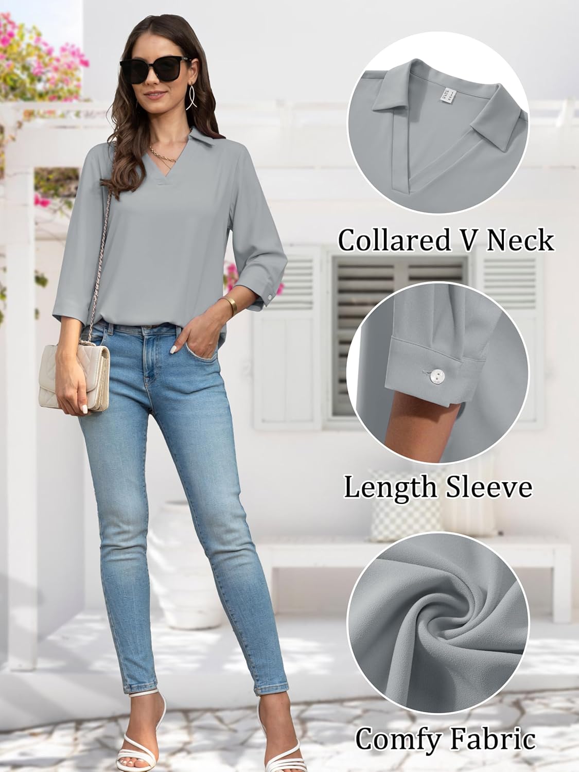 YUCOLEN 3/4 Sleeve Tunic Tops for Women V Neck Collared Shirts Chiffon Work Blouses Dressy Casual S-XXL - Image 6