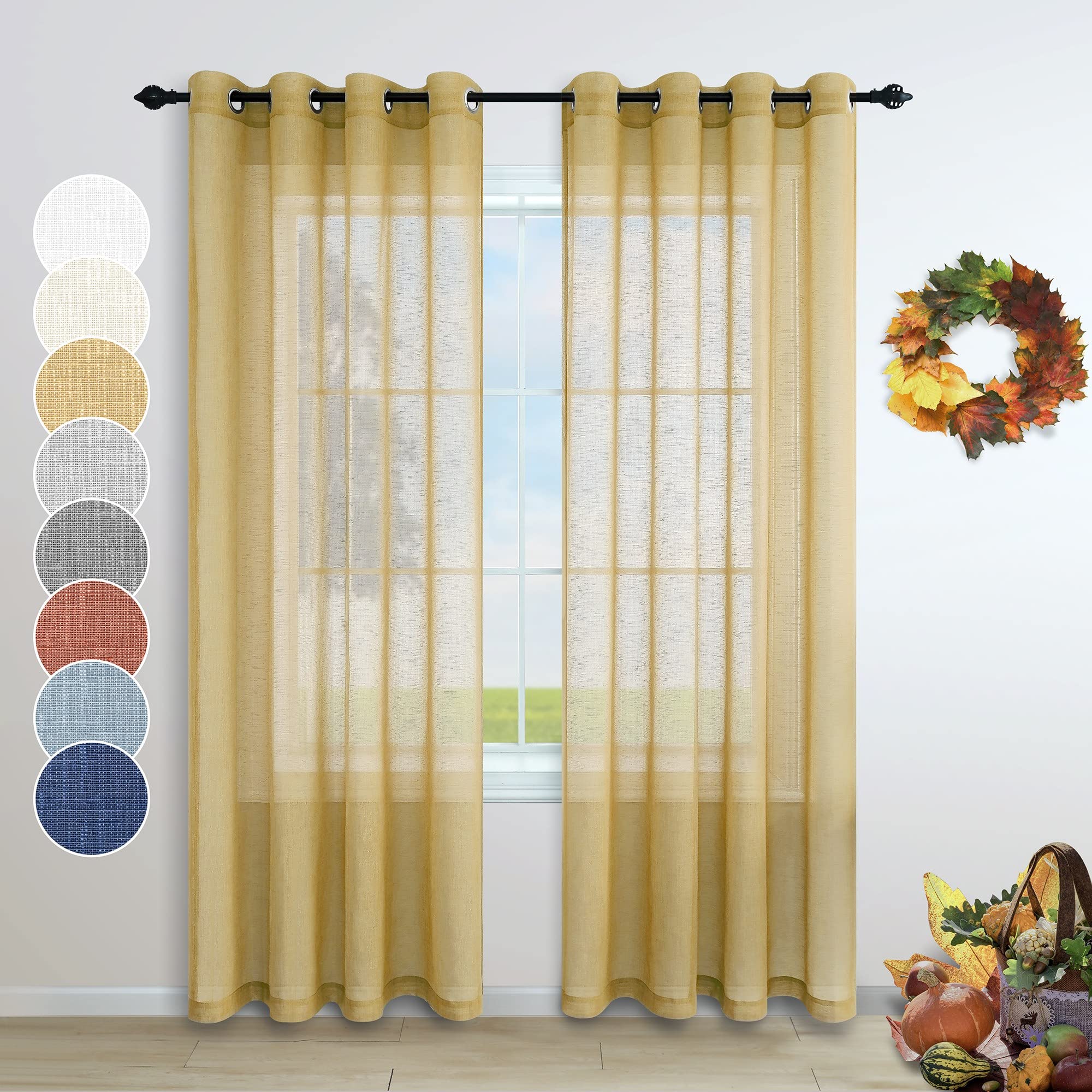 Pitalk Gold Sheer Curtains 84 Inches Long for Bedroom 2 Panel Set Grommet Window Semi Privacy Linen Look Warm Mustard Yellow Curtain for Living Room Dining Nursery Boys Bedroom Decor 52x84 Inch Length