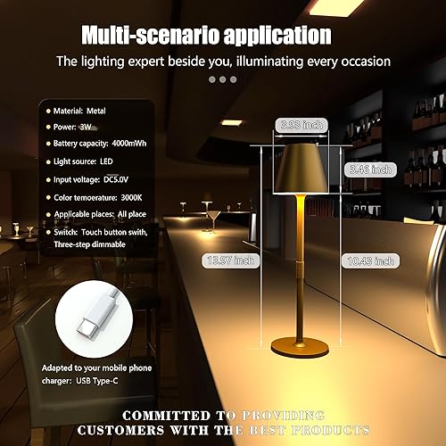 Miniatura 8 de Timjorman Lámpara de mesa LED inalámbrica, lámpara de escritorio con batería recargable de 4000 mAh, brillo de 3 niveles junto a la luz nocturna,