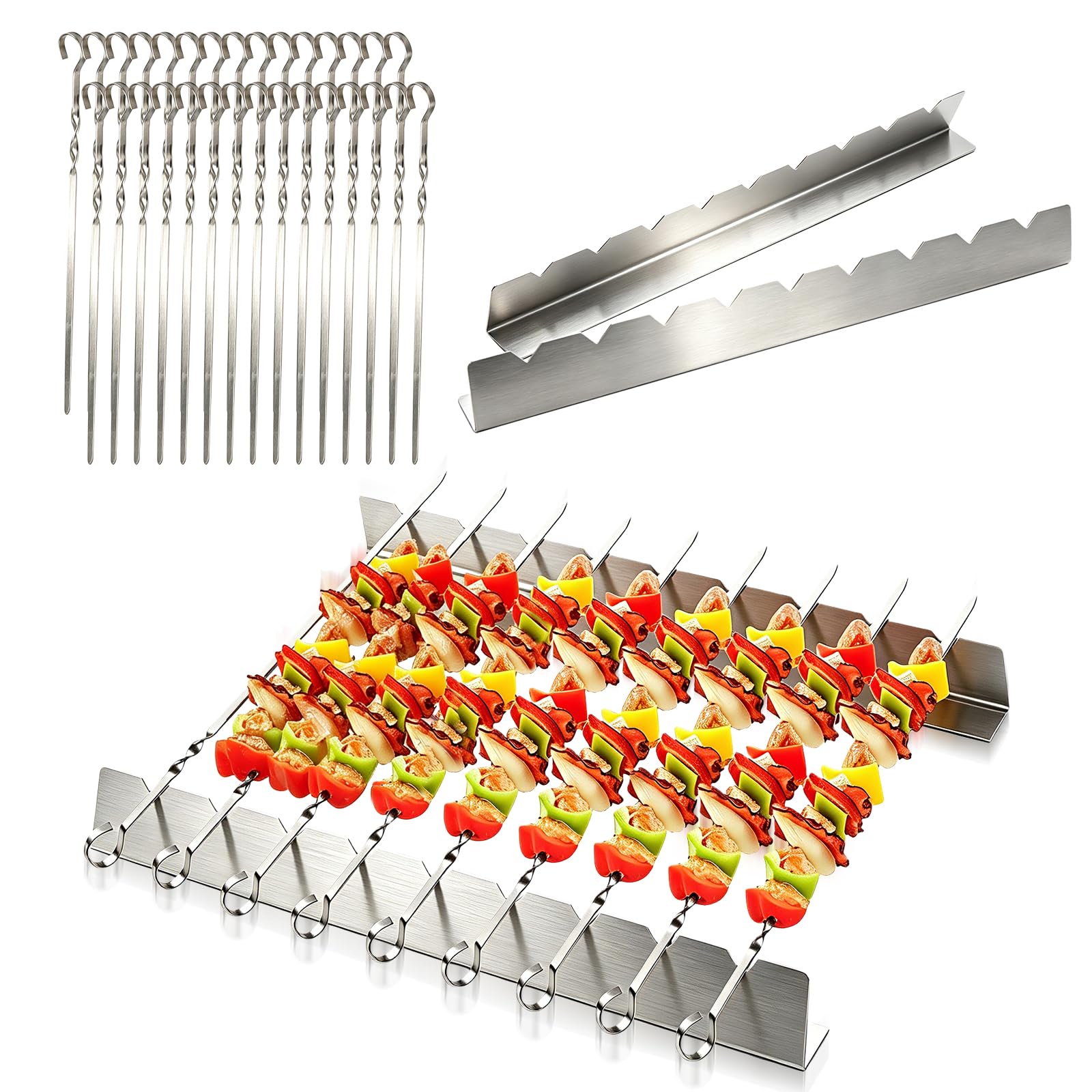 Set de 30 Brochettes Barbecue en Acier Inoxydable 40cm avec 2 Supports de Cuisson à 9 Encoches, Pique à Brochette Plate pour Grillade Jardin, Accessoire Barbecue Inox Lavable au Lave-Vaisselle