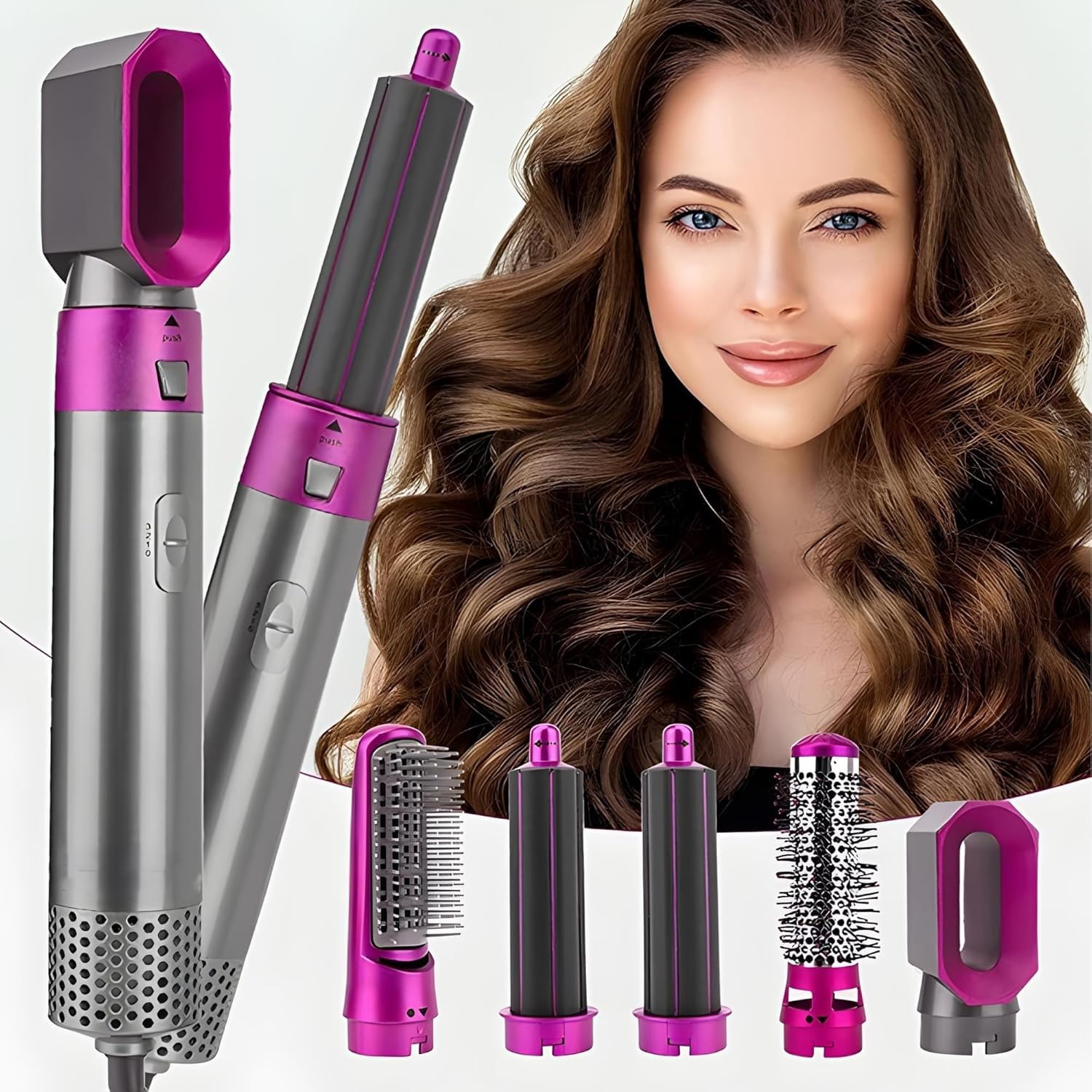 5 in 1 Hot Air Brush Hair Dryer & Volumizer, Multifunctional Hair Styler Tool for Women | Detachable Blow Dryer Brush,Professional Hair Straightener, Curler, Crimper, Auto-Wrap Rotating Comb, Negative Ion Frizz-Free Technology | Professional Salon-Quality Fast Drying, Settings For Hair & Head Relaxation at Home | Shiatsu for Hair Growth/Stress Relax