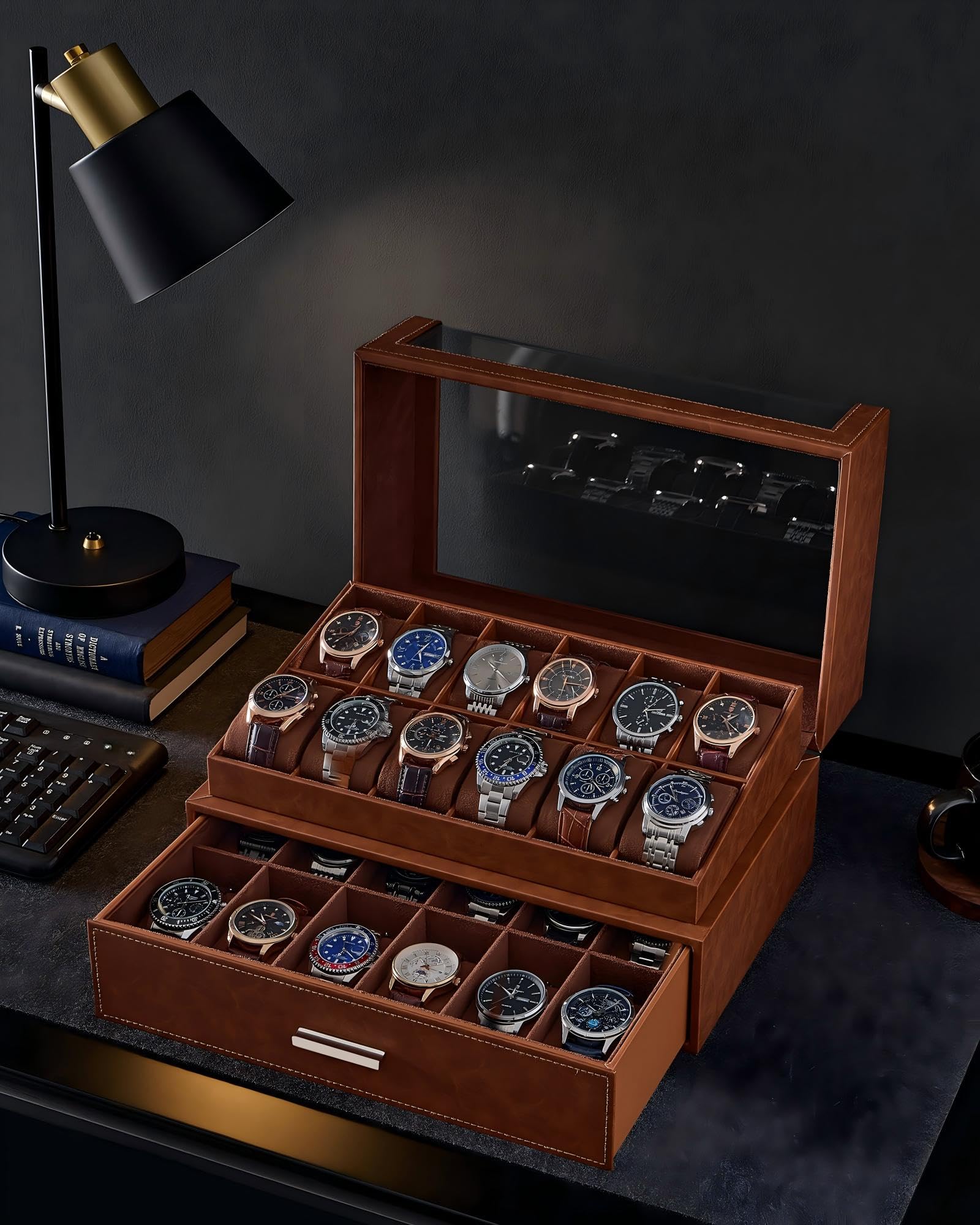 ProCase Caja de Reloj con 12 Ranuras con Tapa Transparente, Caja de Reloj de Cuero PU para Hombre con Cajón, Caja de Almacenamiento de Reloj para Hombre -Marrón | Organizador de relojes y joyas de piel sintética de gran capacidad con tapa acrílica y cajón