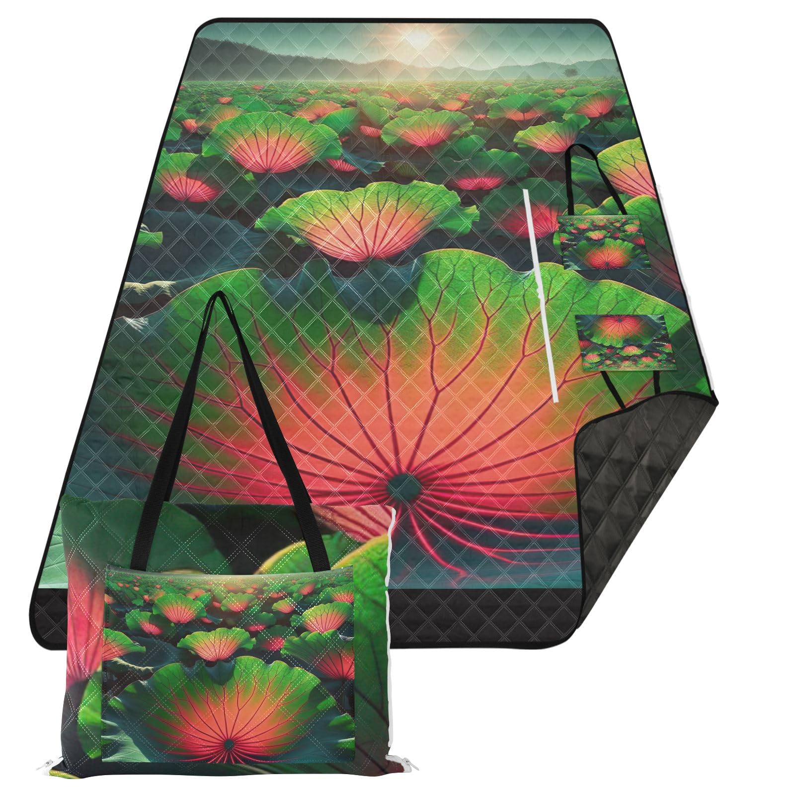 ODAWA Lotos przenośny koc piknikowy łatwy do przenoszenia kompaktowa torba na zakupy koce na zewnątrz koc piknikowy, 203 cm x 299 cm