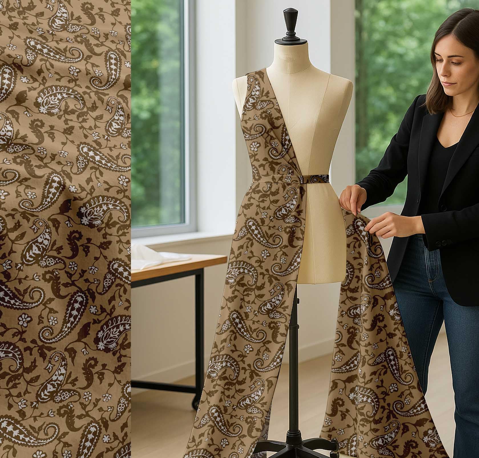 Soimoi Tela de batista de algodón de - Estampado paisley - 142 cm de ancho - Tela suave y transpirable por 5 metros - Para kurtas, forros, blusas, ropa de bebé y acolchado - Beige