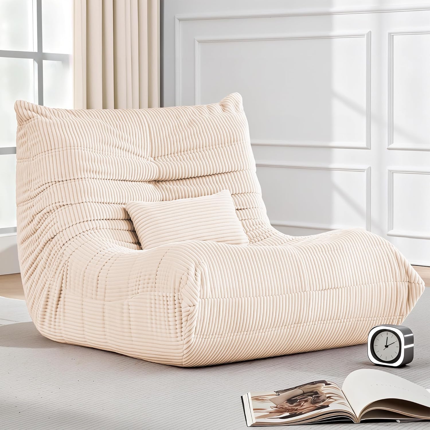 Bean Bag Chair for Adults - Large Bean Bag Chairs with Lumbar Pillow, Oversized Corduroy Memory Foam Boneless Chair with High-Rebound, Lazy Floor Sofa for Reading Gaming Living Room Bedroom, Beige