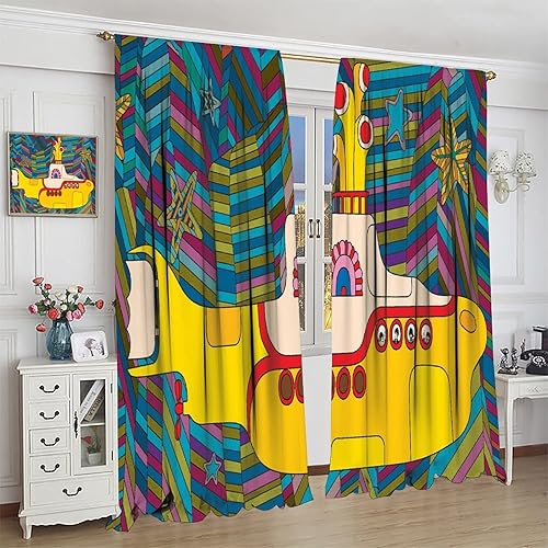 Miniatura 4 de Cortina de decoración artística divertida de submarino amarillo, tela de poliéster impermeable, diseño de cortina de dormitorio, 2 paneles de 42