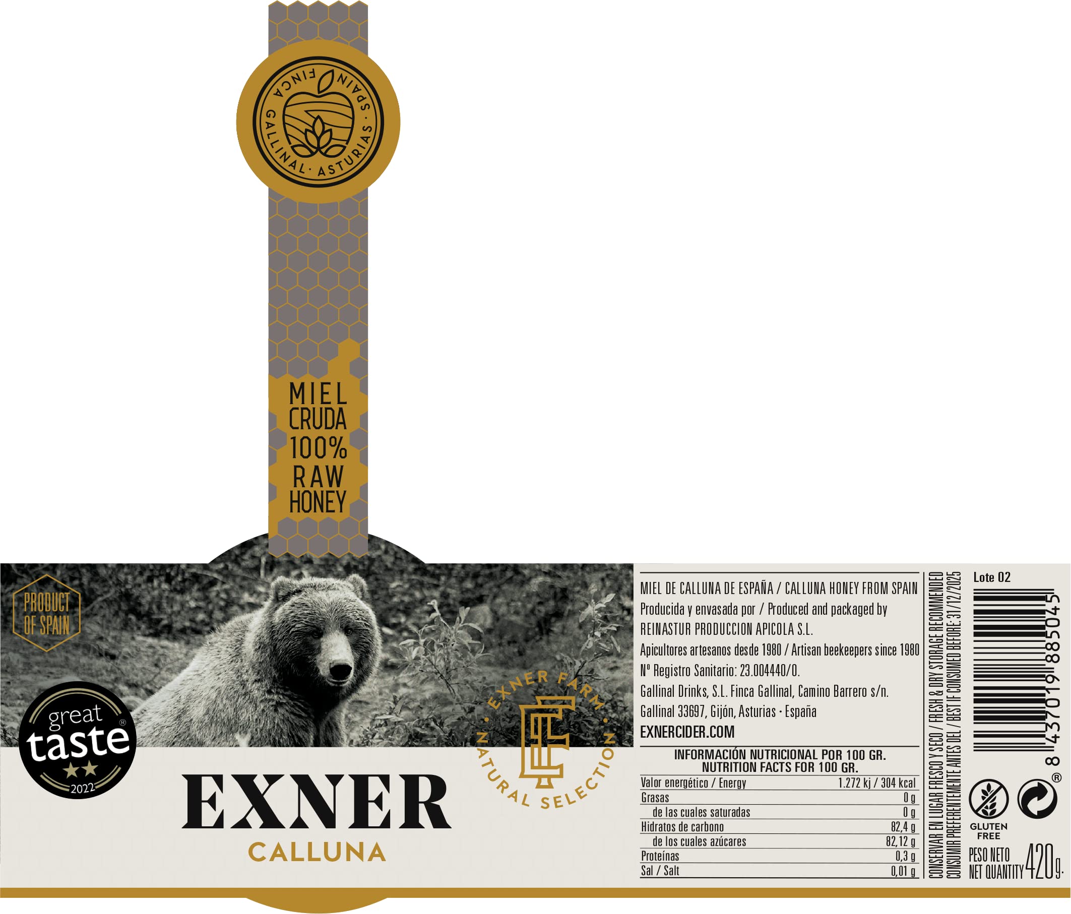 EXNER Miel de CALLUNA (Brezo) - 100% Pura y Artesana - 420 gr - Sin filtrar, Sin pasteurizar, Sin gluten (2)