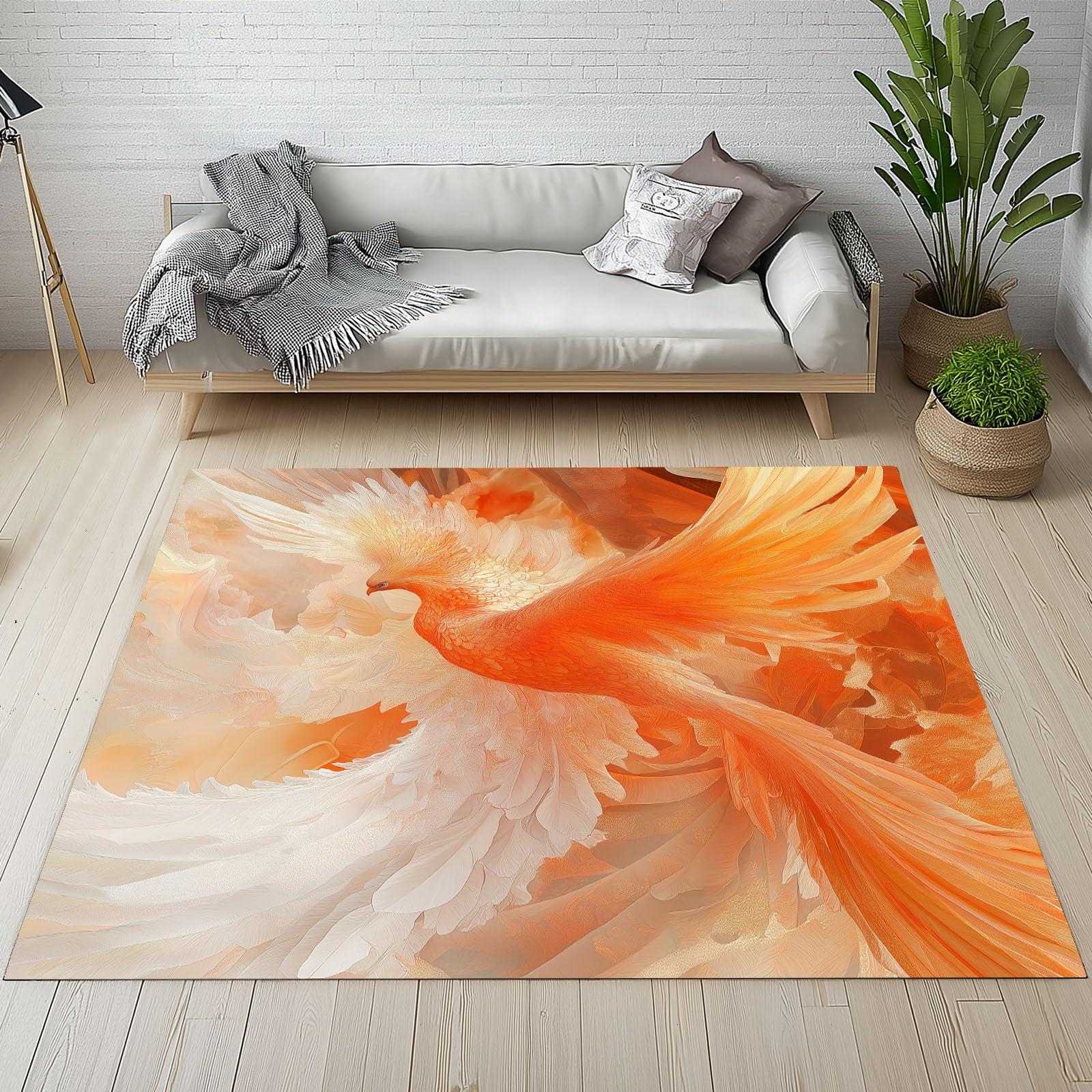 Luxuriöse Tiere Phönix Orange Teppich Wohnzimmer 160x230cm rutschfest Kurzflor Schlafzimmer Teppich Waschbar Bemaltes Tiere Phönix Bettvorleger Teppiche für Büro Bereich Dekor Teppisch