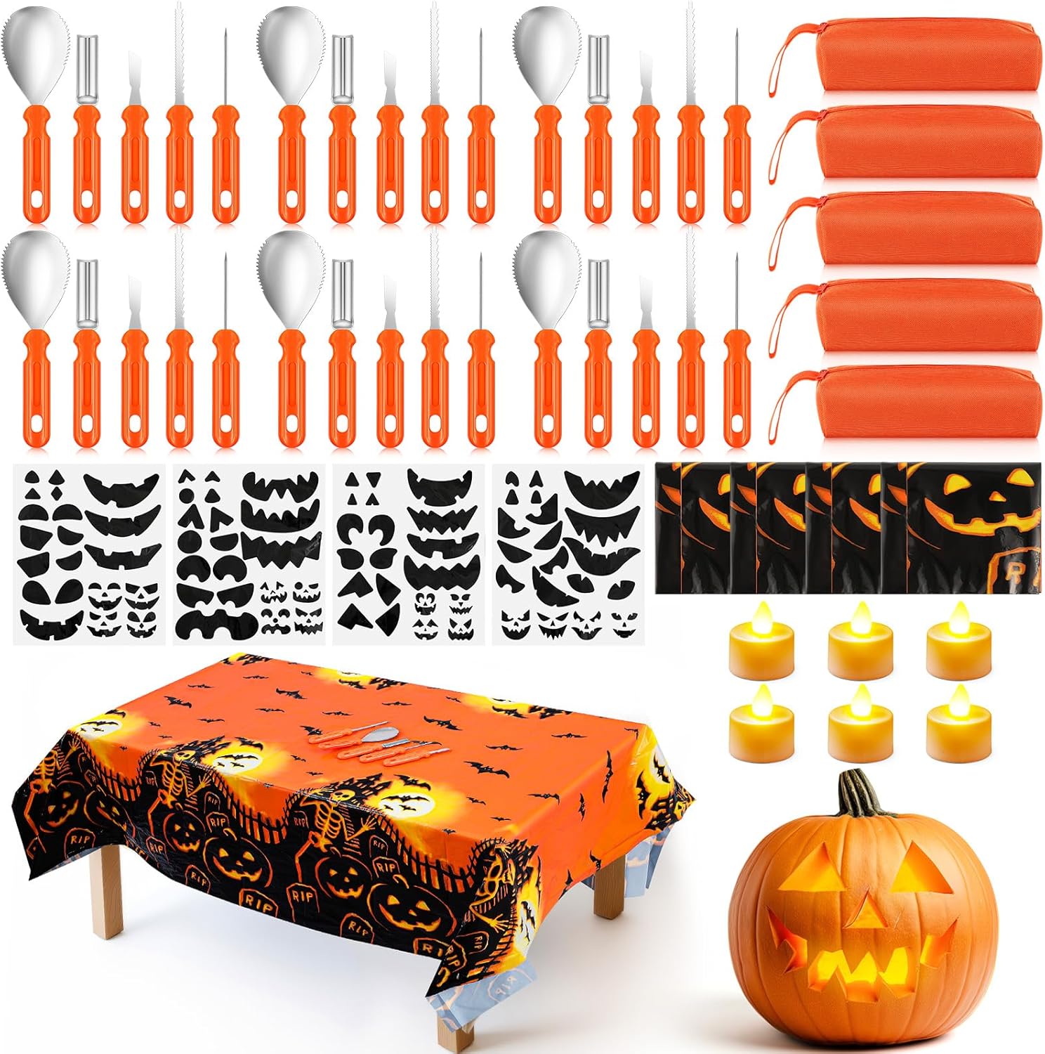 (Missing tsblecloth and a candle) Tioncy 52 Pcs 6 Set Halloween Pumpkin Carving Kit Heavy Duty Stainless Steel Pumpkin Carving Tools with Storage Bag Tablecloth Stickers Tea Lights for Family Party Halloween Decor