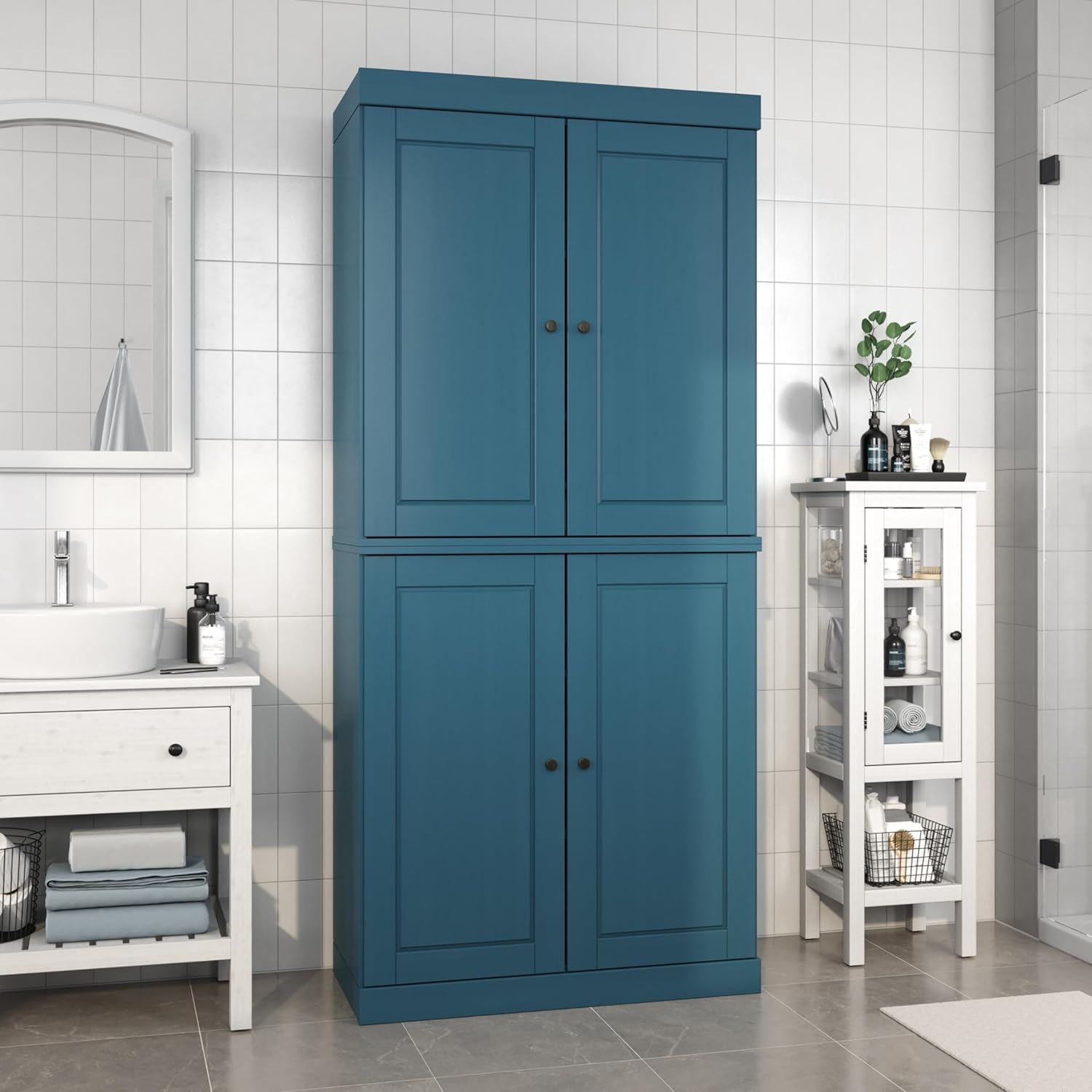 Palace Imports Solid Wood Tall Bathroom Pantry Cabinet with 4 Wooden Doors & Adjustable Shelves, Teal Blue - 100% Eco-Friendly, Renewable, Space-Saving Storage, 71.5" H x 32" W, Made in Brazil