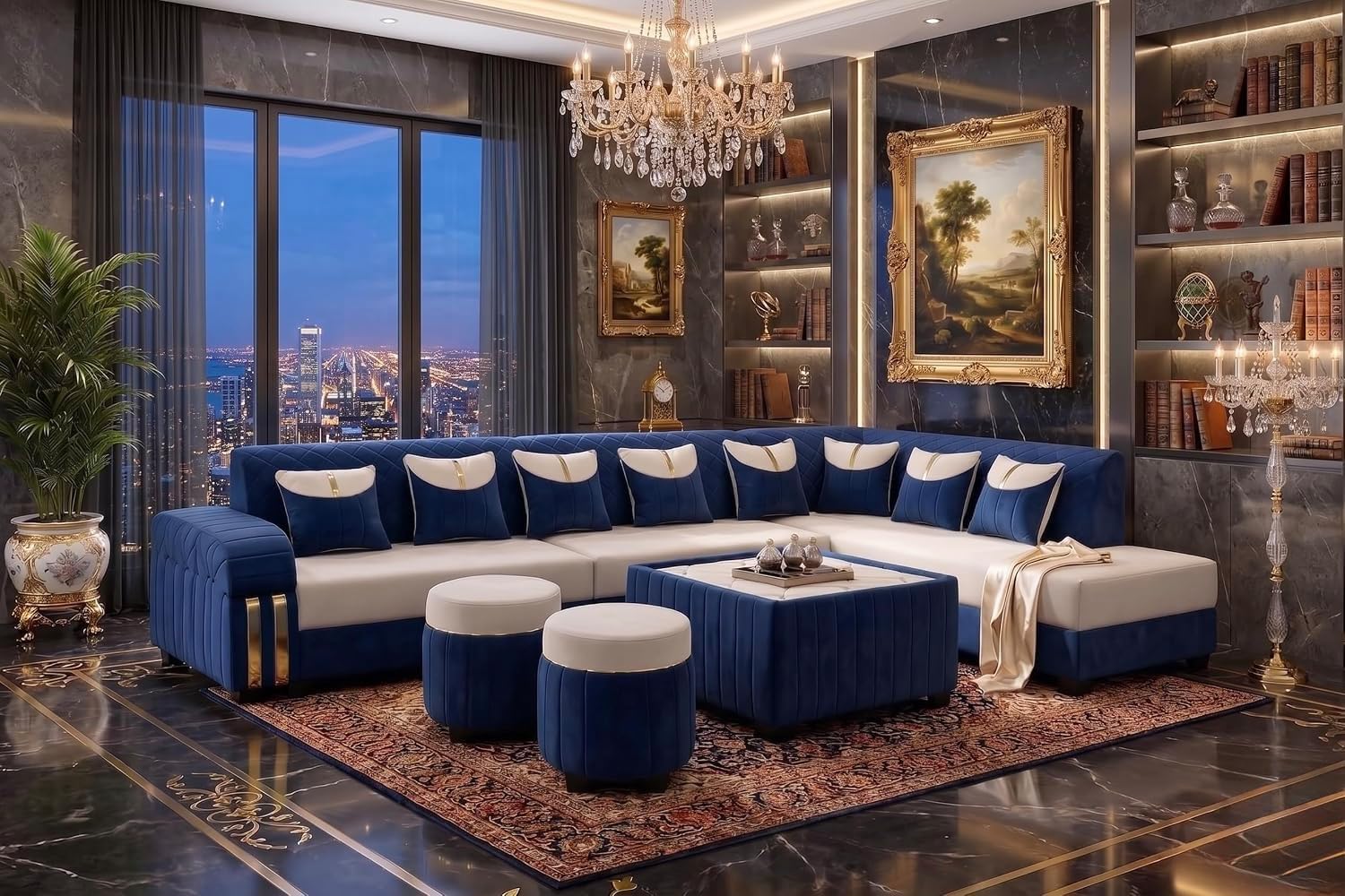 Royal Wood Furnishings/Modern L Shape Sofa 7 Seater | Sectional Leatherette Fabric Sofa Set with Centre Table and 2 Puffy Ottomans for Living Room & Drawing Room (Blue)-image-8