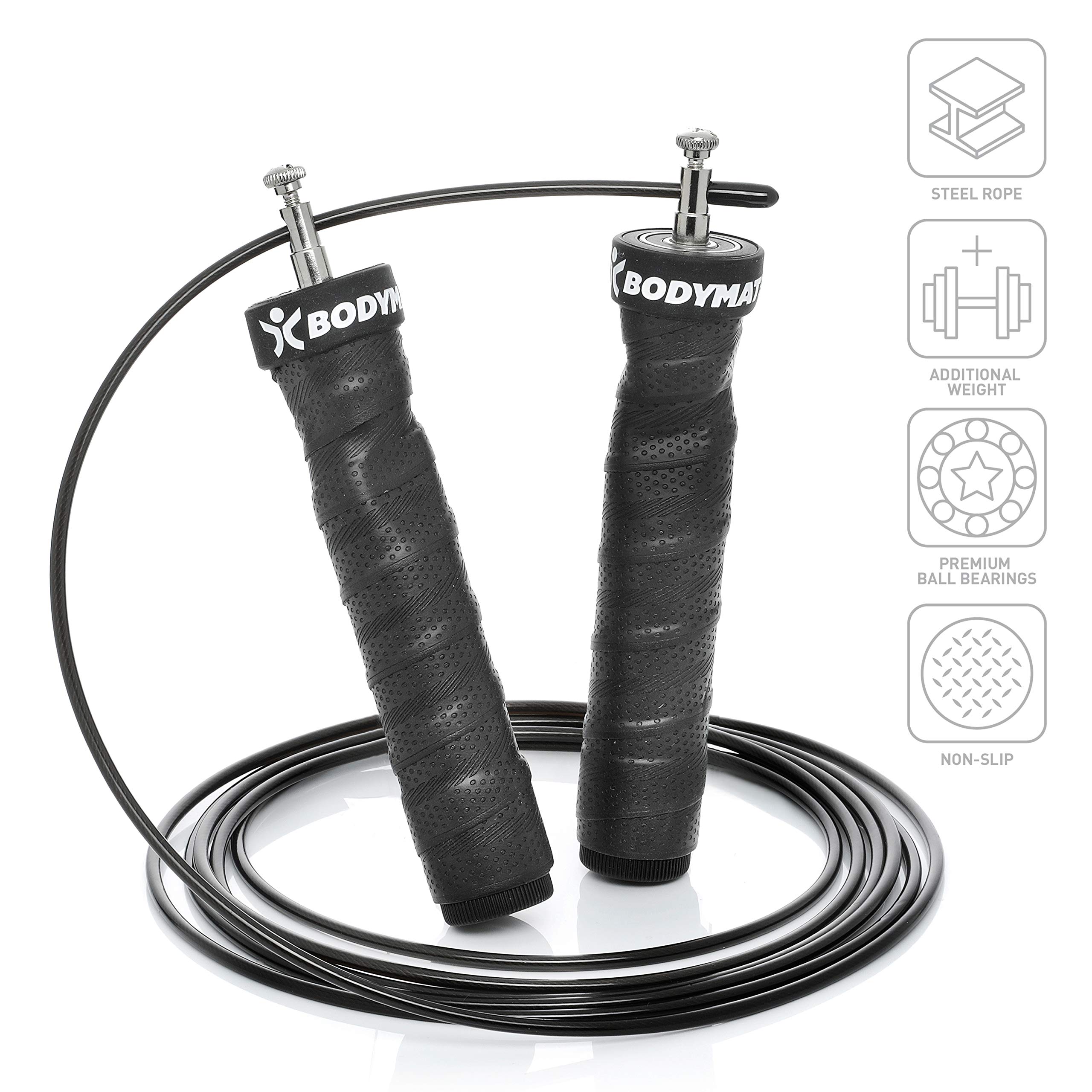 BODYMATE Corda per Saltare Premium con 2 pesi estraibili, Maniglie Antiscivolo, 2 Corde in Acciaio Regolabili con Protezione antiusura - Crossfit, Functional Core, Boxe