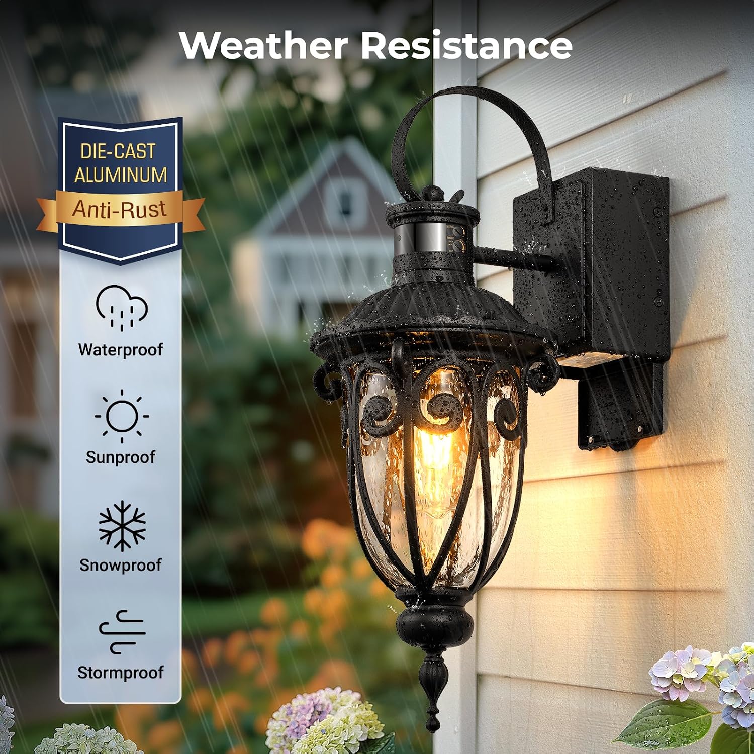 2 Pack Retro Porch Light with GFCI Outlet, Distance and Time Adjustable Motion Sensor Outdoor Light Fixture, Black Outside Light with Outlet for House, Entryway, patio, Garage, Garden, Aluminum