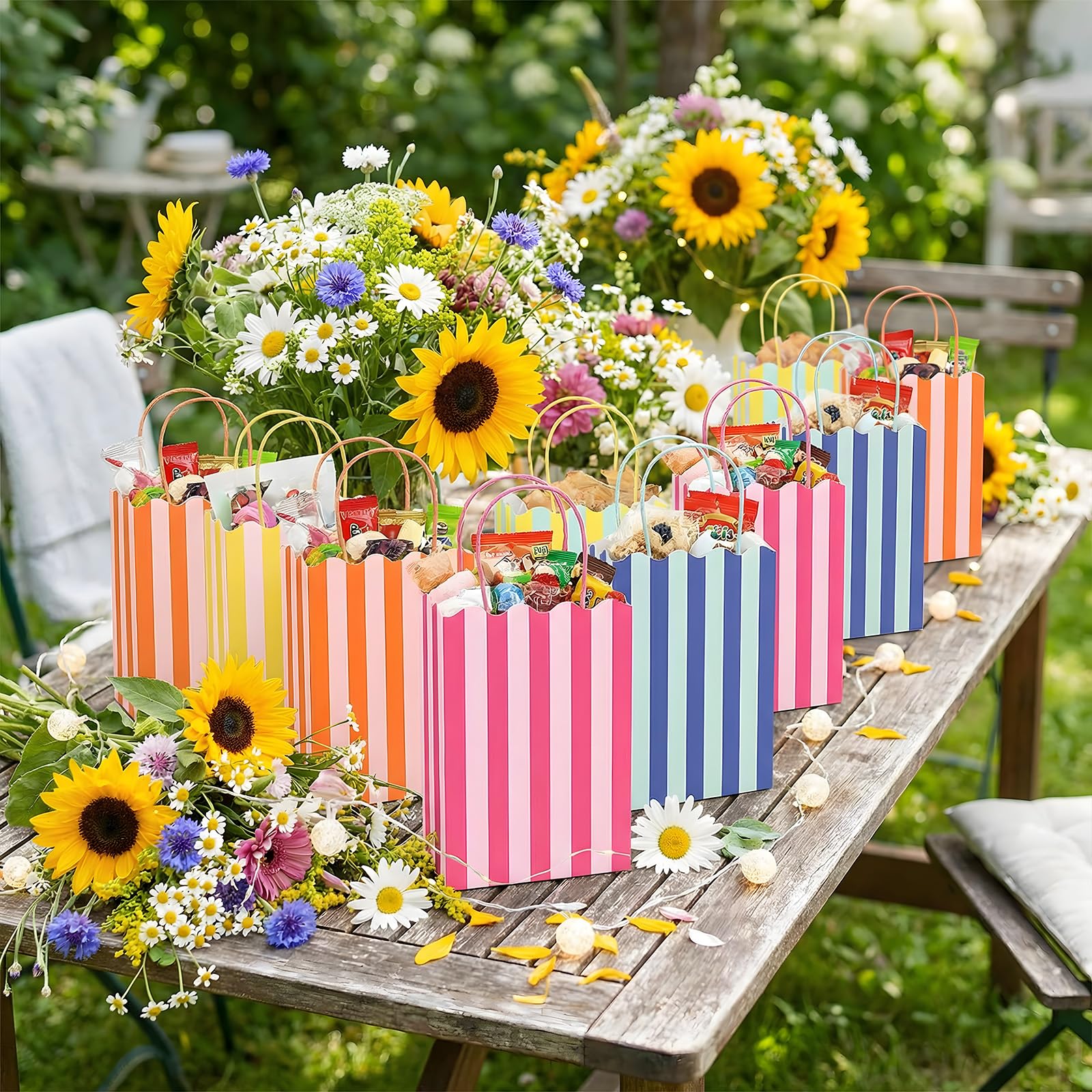 YQUQWN 24Pcs Colorful Stripe Goodie Bags, Scalloped Treat Bags with Handles Summer Gift Bags for Summer Birthday Wedding Party Favors Supplies