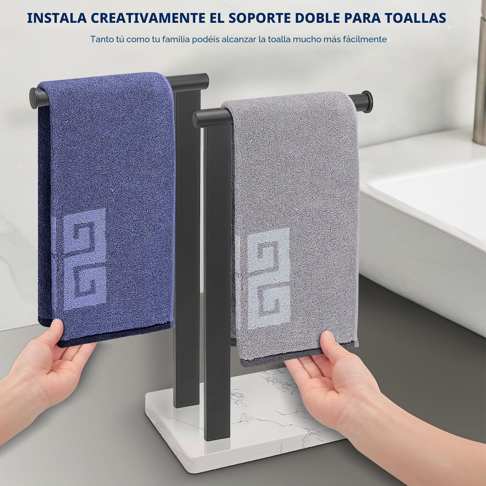 NearMoon Toallero de Mano con Base de mármol equilibrada, Soporte de Acero Inoxidable SUS304 en Forma de L, toallero de pie con aro para baño, Cocina o encimera (Barra Doble, Negro Mate)
