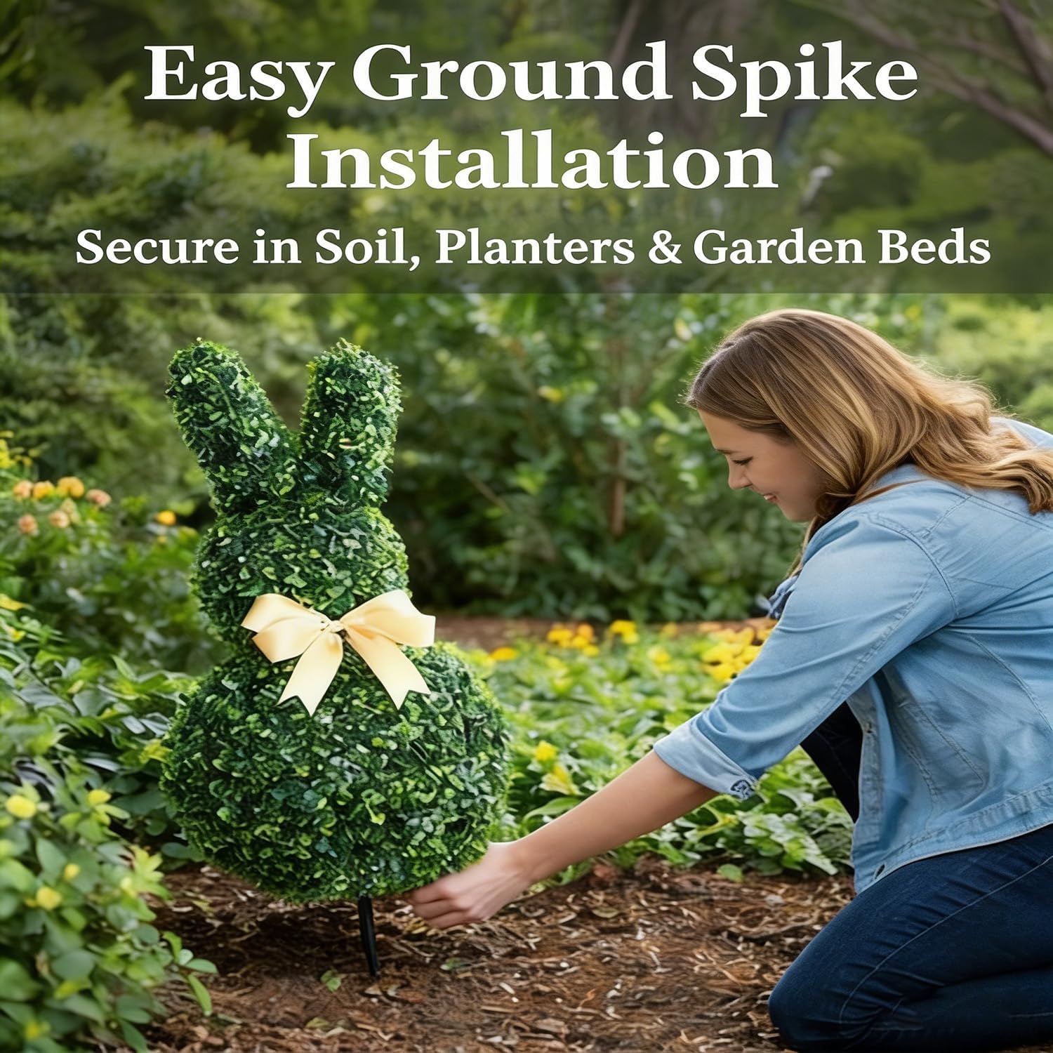 2PC Artificial Boxwood Bunny Topiary with Ground Spikes, 22/27.5/35.5 Inch Easter Rabbit Shape Topiary Trees, UV Resistant Outdoor Greenery Bunny Bush for Porch Garden Patio Easter Decorations (27.5")