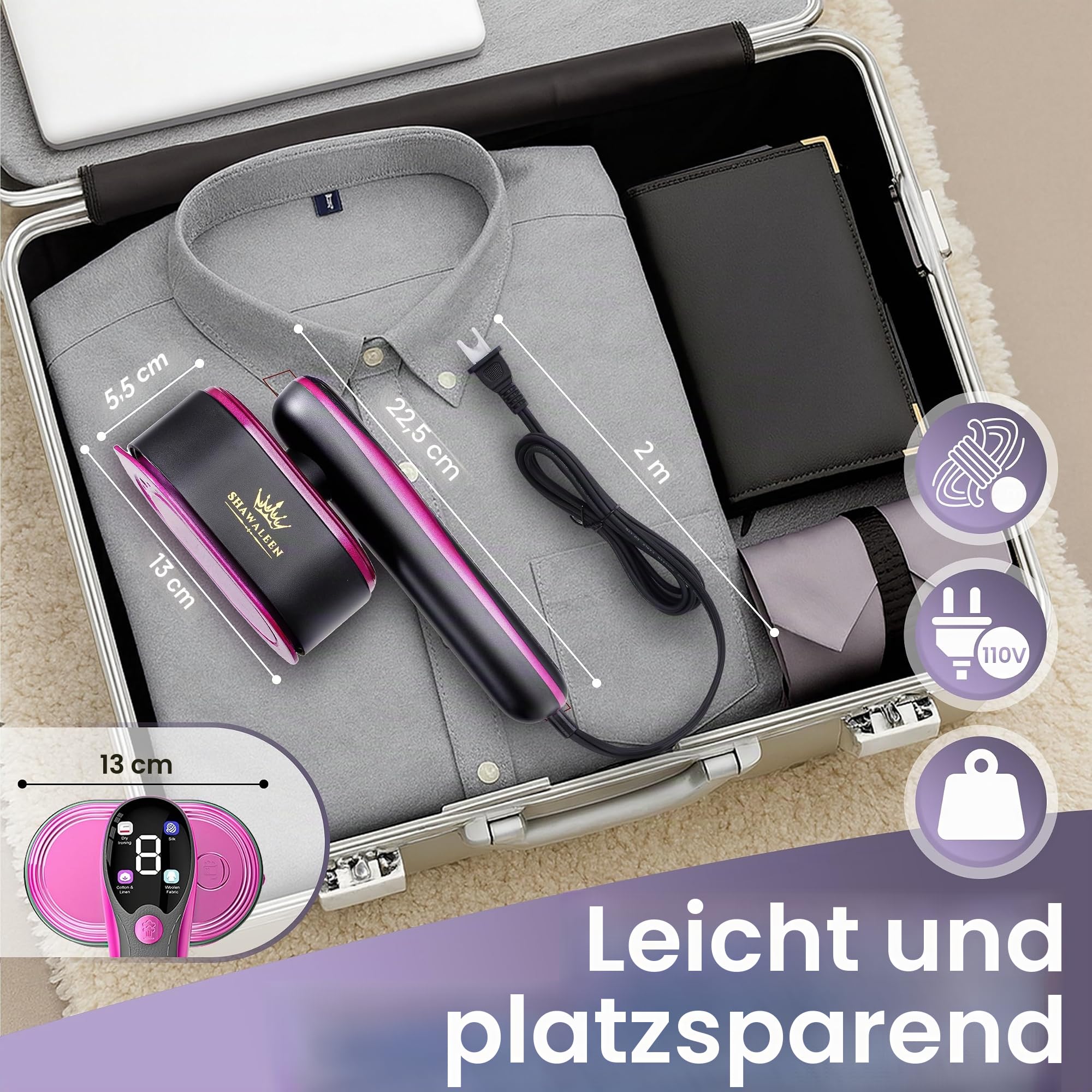 Tragbarer 2 in 1 Reisedampfer für Kleidung, 10 Sekunden, Wasserdampfdesign mit Keramikheizung, 4 Dampfmodus mit LCD-Anzeige und Kompakttank 110ml