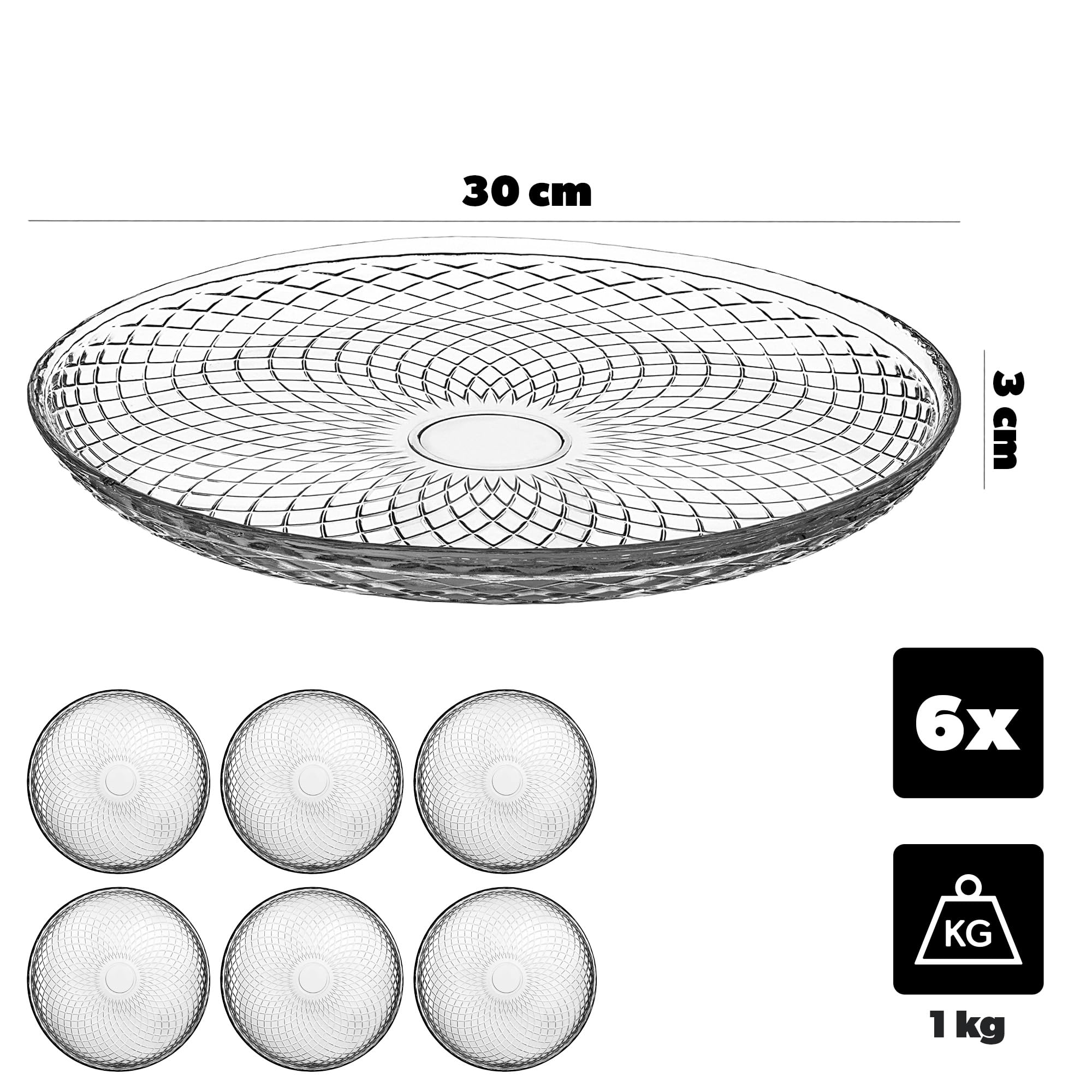 KADAX Lot de 6 assiettes rondes en verre transparent de 30 cm, grandes assiettes de service en verre, idéales comme assiettes à dessert, assiettes plates ou assiettes de présentation