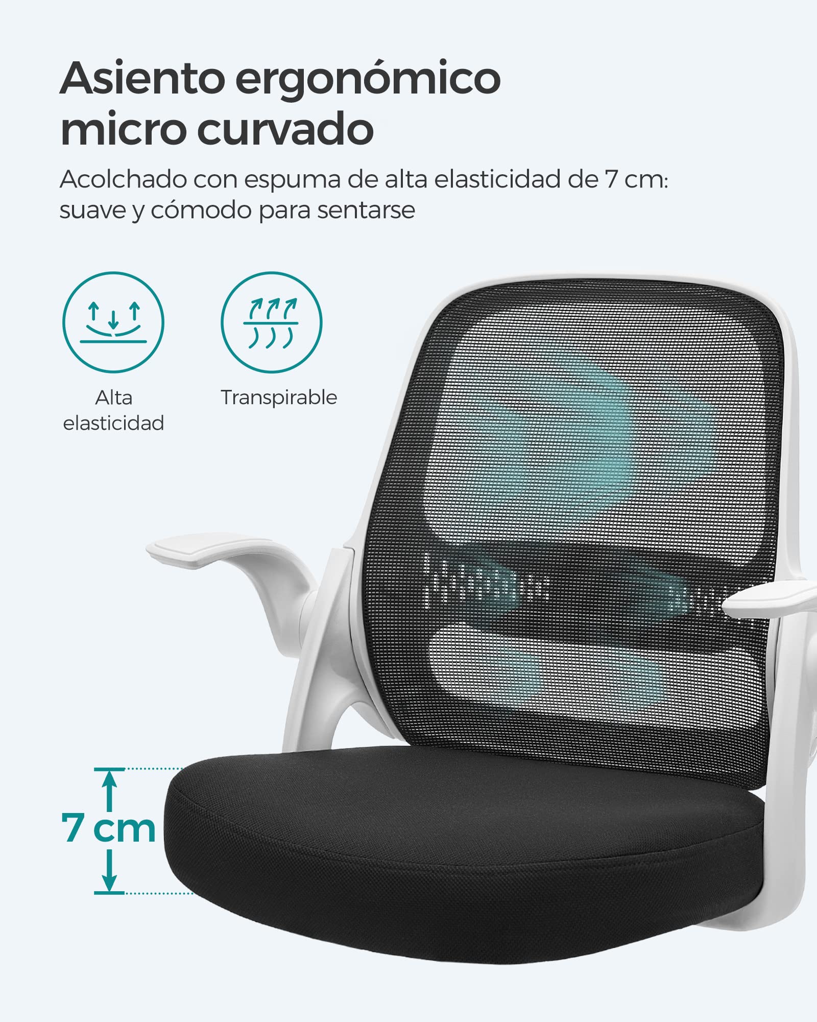 SONGMICS Sedia da Ufficio, Sedia da Scrivania, Sedia Ergonomica Girevole, Sedia da Computer, Regolabile in Altezza, Braccioli a Ribalta, Funzione Oscillante, Bianco e Nero OBN035W01