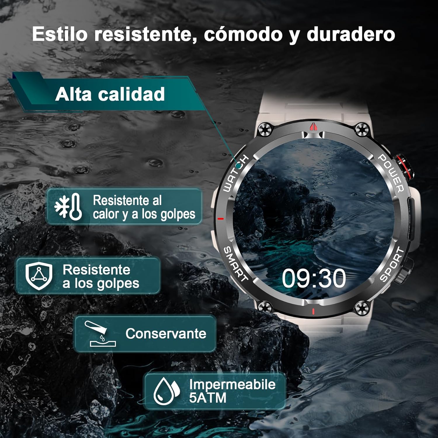 IOWODO W50 Smartwatch submerged in water, highlighting its 5ATM waterproof rating and durable construction.