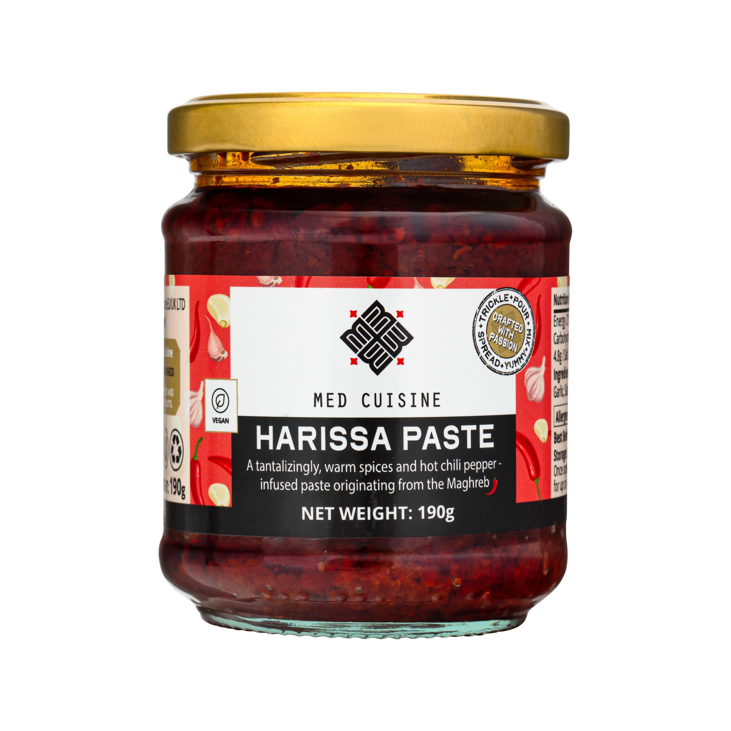 Med Cuisine Harissa Paste - 190gr - Hot chilli pepper condiment - Complex and robust flavour - Perfect for marinades - Vegan paste - Spicy - Gluten-free