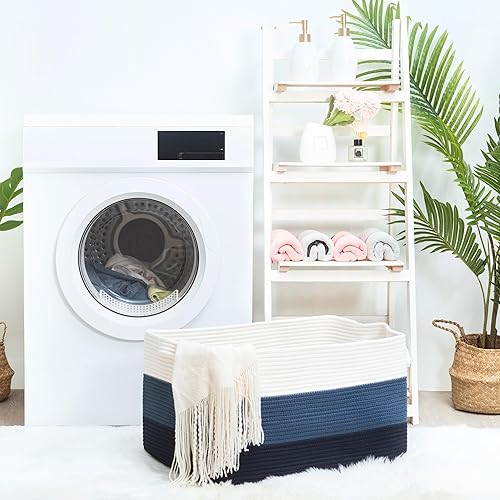 Miniatura 5 de MINTWOOD Design Canasta de Manta Extra Grande de 22 Pulgadas para Sala de Estar, Canasta de Almacenamiento de Cuerda Tejida Rectangular con Asas