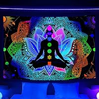 Vista 3 de Torich Tapiz de siete chakras, luz negra, meditación reactiva a los rayos UV y espiritual para yoga, pósteres verticales, hippie mandala trippy