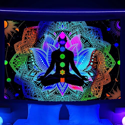 Miniatura 3 de Torich Tapiz de siete chakras, luz negra, meditación reactiva a los rayos UV y espiritual para yoga, pósteres verticales, hippie mandala trippy