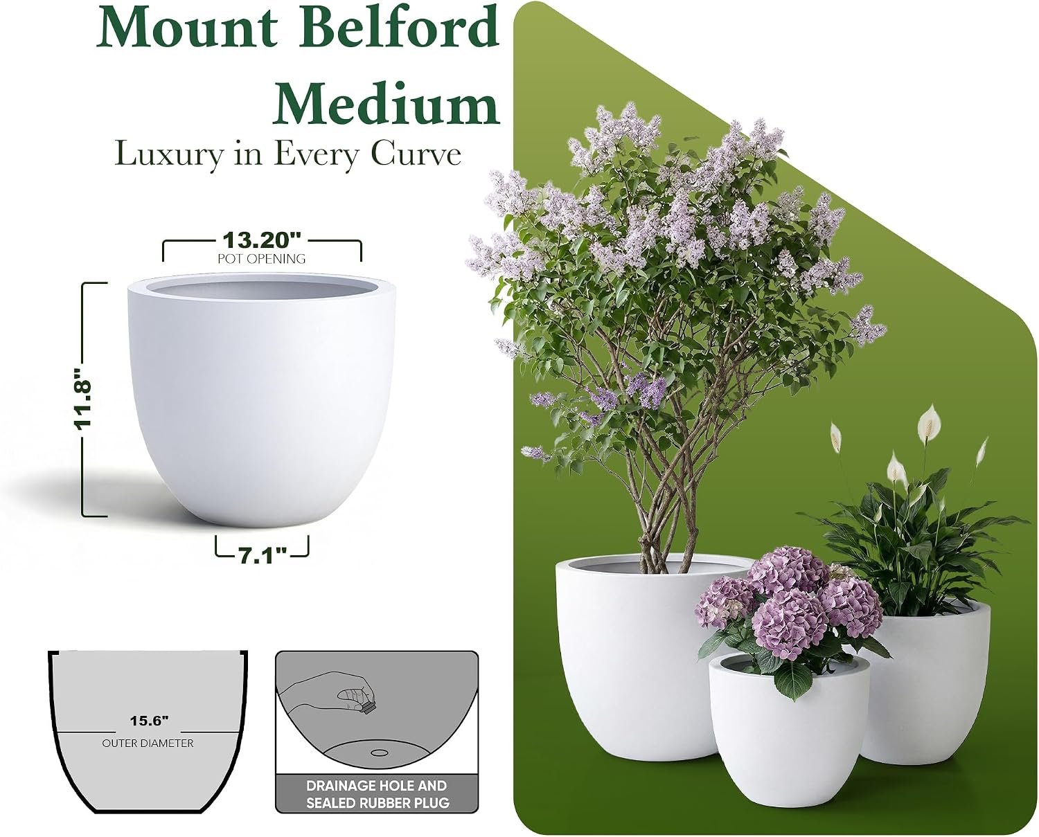 DTY Belford 14.6'' D x 12'' H (Pot Opening 13.2") Fiberstone Egg Shaped Planter with Drainage Hole, Smooth Finishes, Weather Resistant for Indoor and Outdoor, 2 Extra Coco Mats - Medium, White