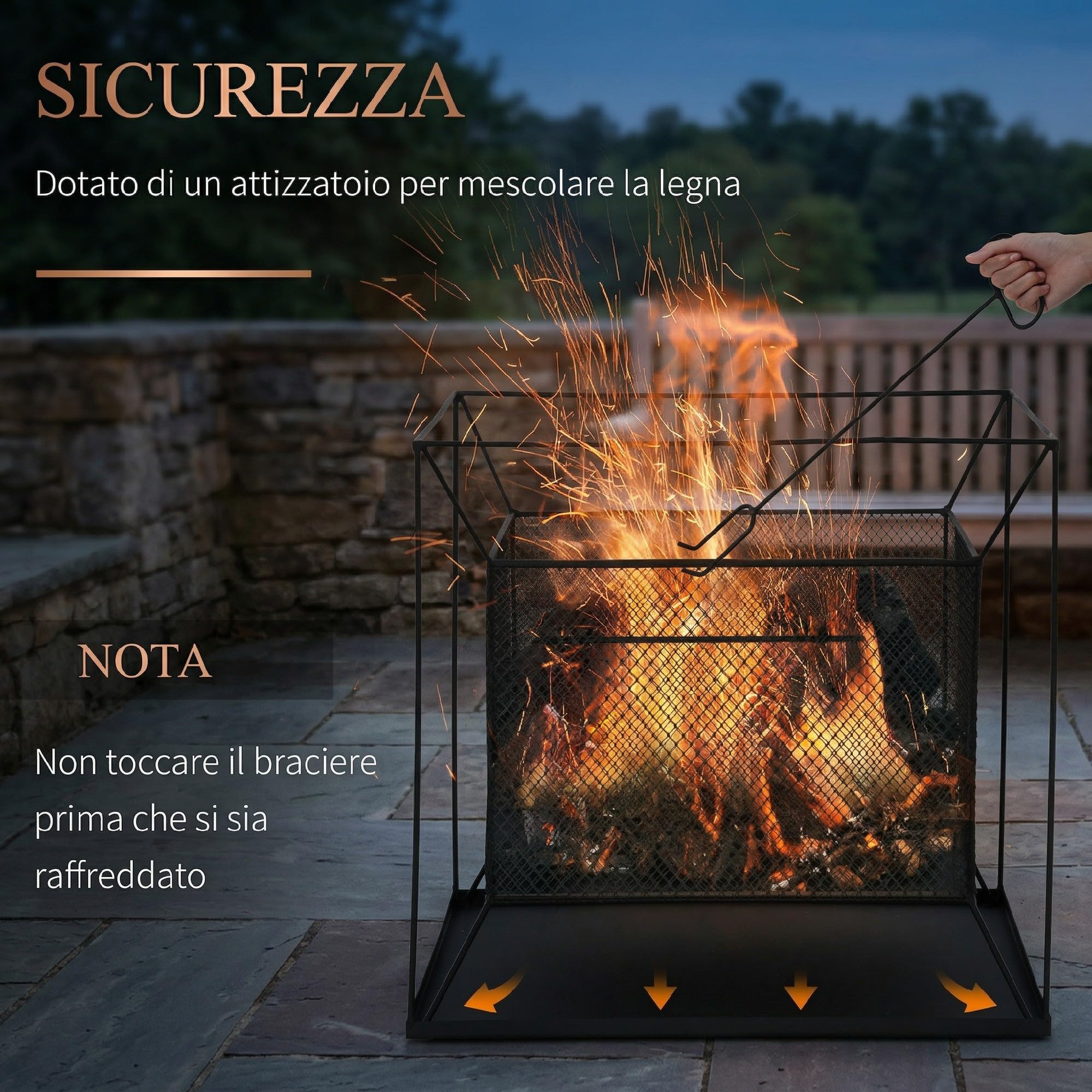 Outsunny Braciere da Giardino in Metallo Portatile, Braciere da Esterno con Design Sospeso e Attizzatoio, 45x45x43cm, Nero